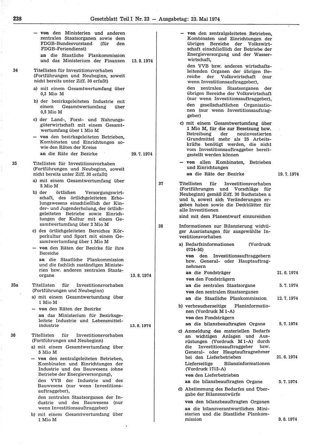 Gesetzblatt (GBl.) der Deutschen Demokratischen Republik (DDR) Teil Ⅰ 1974, Seite 238 (GBl. DDR Ⅰ 1974, S. 238)