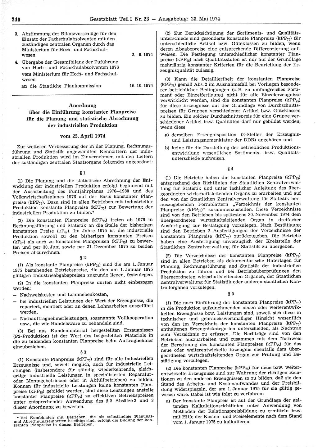 Gesetzblatt (GBl.) der Deutschen Demokratischen Republik (DDR) Teil Ⅰ 1974, Seite 240 (GBl. DDR Ⅰ 1974, S. 240)