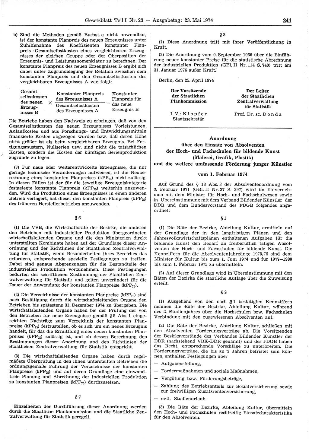 Gesetzblatt (GBl.) der Deutschen Demokratischen Republik (DDR) Teil Ⅰ 1974, Seite 241 (GBl. DDR Ⅰ 1974, S. 241)