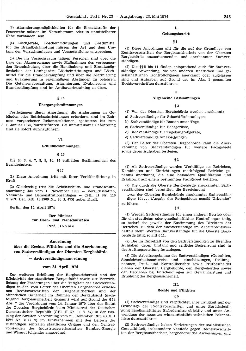 Gesetzblatt (GBl.) der Deutschen Demokratischen Republik (DDR) Teil Ⅰ 1974, Seite 245 (GBl. DDR Ⅰ 1974, S. 245)