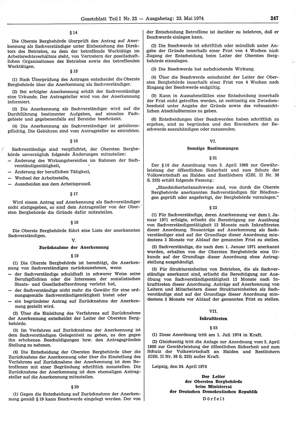 Gesetzblatt (GBl.) der Deutschen Demokratischen Republik (DDR) Teil Ⅰ 1974, Seite 247 (GBl. DDR Ⅰ 1974, S. 247)