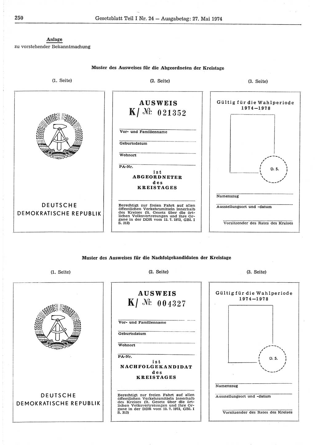 Gesetzblatt (GBl.) der Deutschen Demokratischen Republik (DDR) Teil Ⅰ 1974, Seite 250 (GBl. DDR Ⅰ 1974, S. 250)
