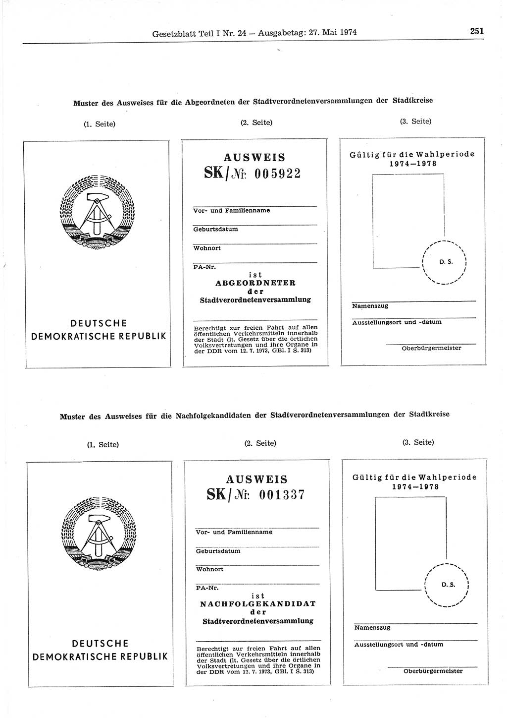 Gesetzblatt (GBl.) der Deutschen Demokratischen Republik (DDR) Teil Ⅰ 1974, Seite 251 (GBl. DDR Ⅰ 1974, S. 251)