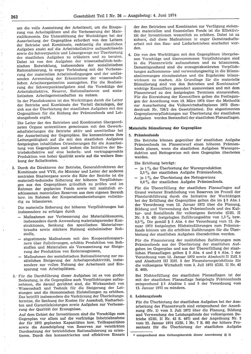 Gesetzblatt (GBl.) der Deutschen Demokratischen Republik (DDR) Teil Ⅰ 1974, Seite 262 (GBl. DDR Ⅰ 1974, S. 262)