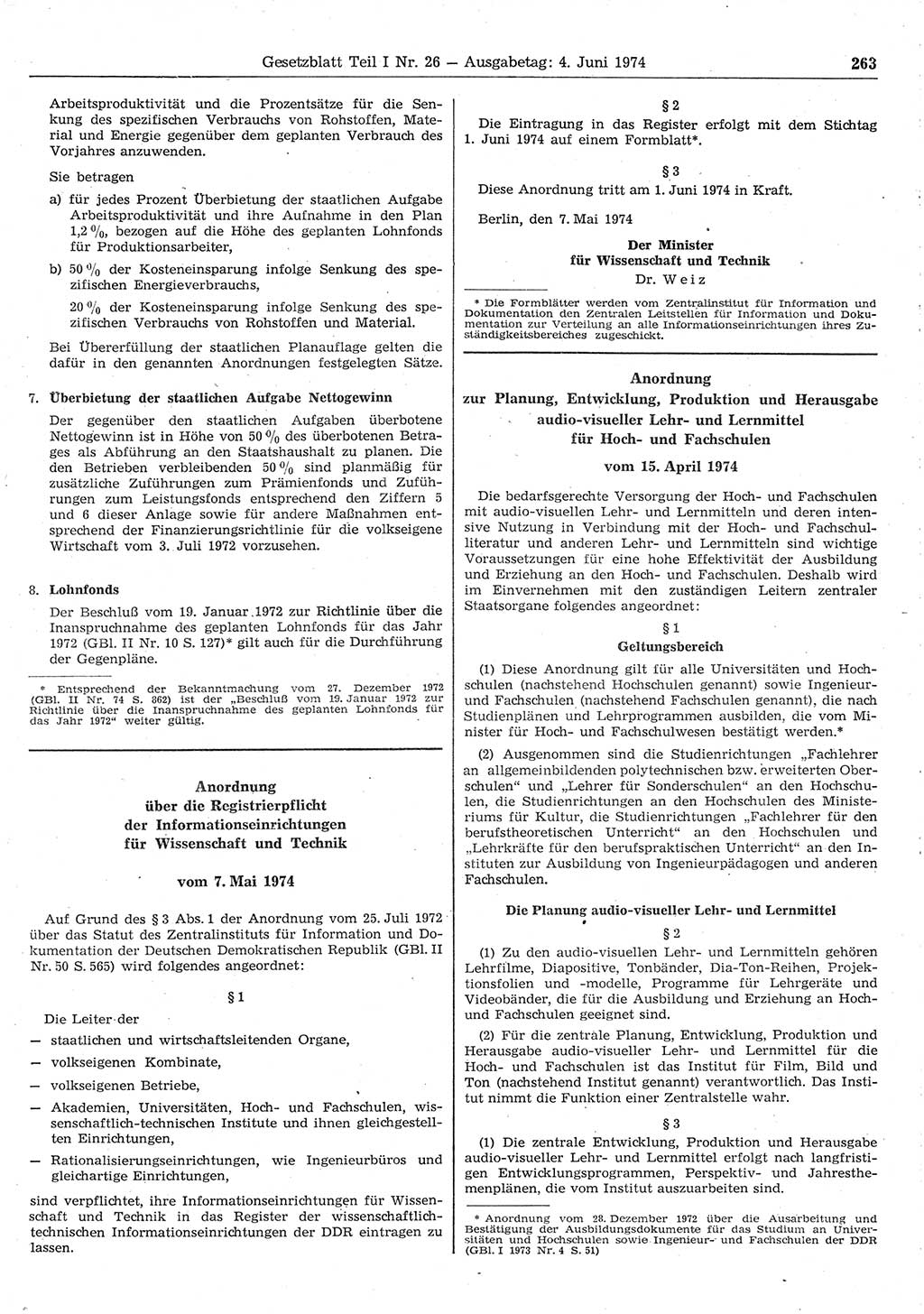Gesetzblatt (GBl.) der Deutschen Demokratischen Republik (DDR) Teil Ⅰ 1974, Seite 263 (GBl. DDR Ⅰ 1974, S. 263)