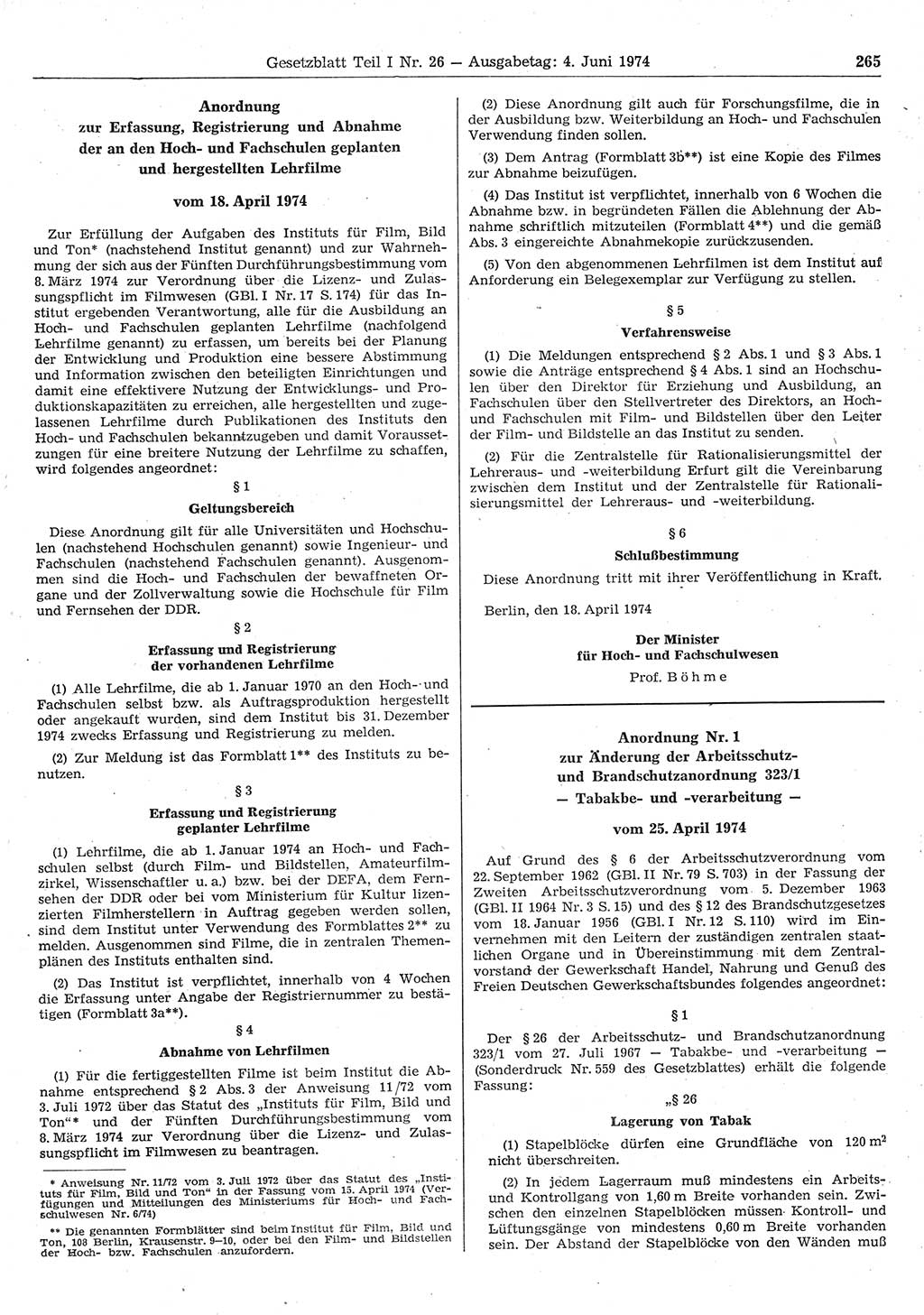 Gesetzblatt (GBl.) der Deutschen Demokratischen Republik (DDR) Teil Ⅰ 1974, Seite 265 (GBl. DDR Ⅰ 1974, S. 265)