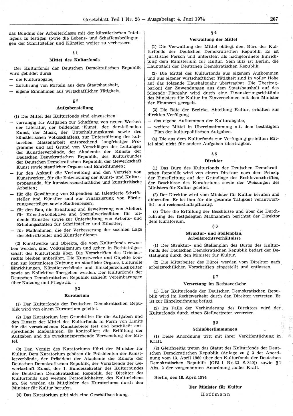 Gesetzblatt (GBl.) der Deutschen Demokratischen Republik (DDR) Teil Ⅰ 1974, Seite 267 (GBl. DDR Ⅰ 1974, S. 267)
