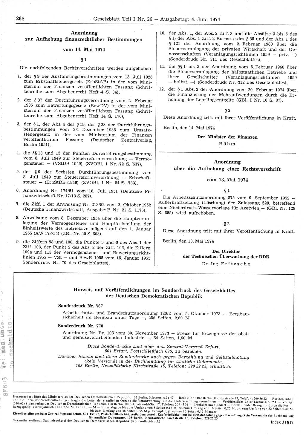 Gesetzblatt (GBl.) der Deutschen Demokratischen Republik (DDR) Teil Ⅰ 1974, Seite 268 (GBl. DDR Ⅰ 1974, S. 268)