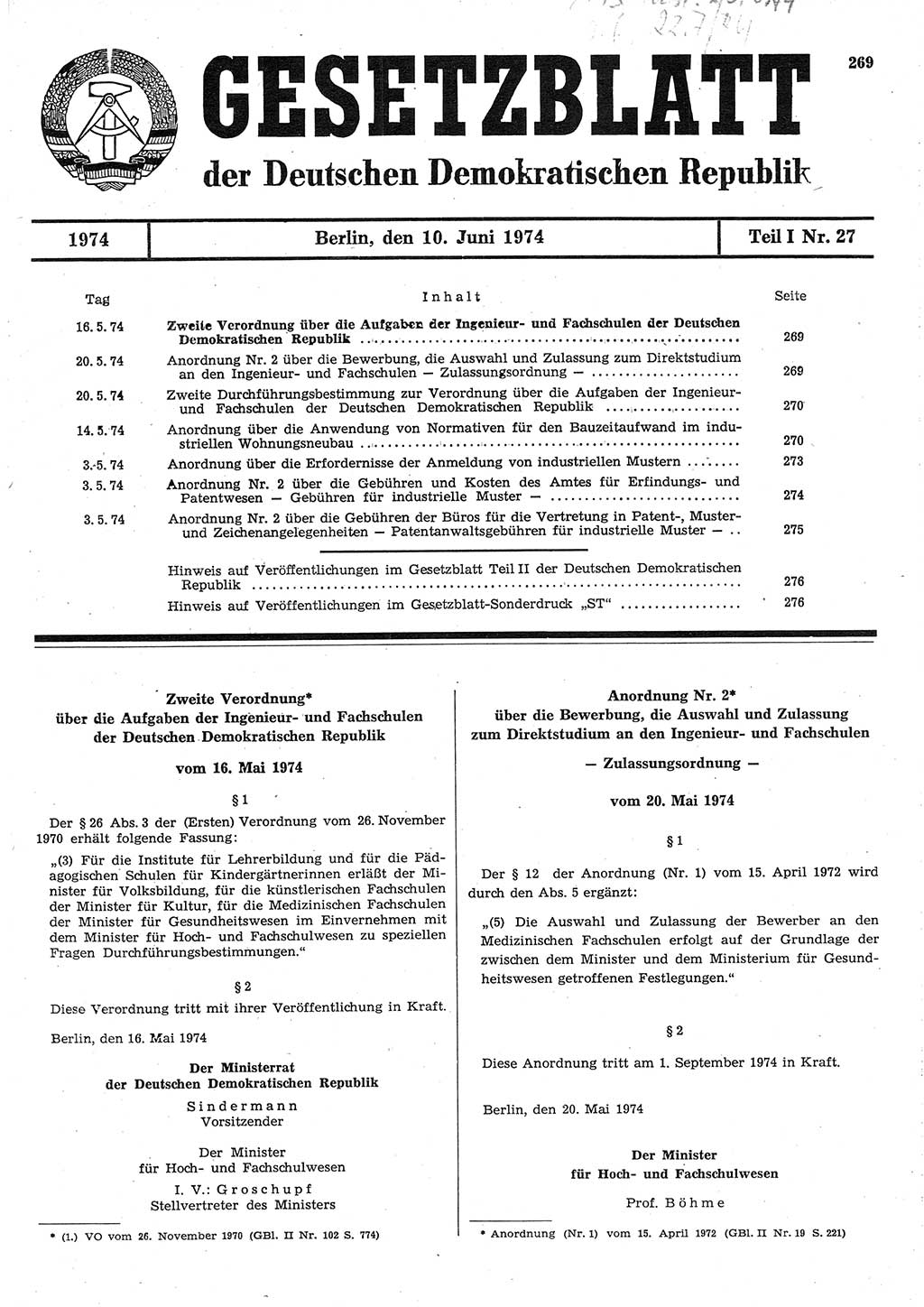 Gesetzblatt (GBl.) der Deutschen Demokratischen Republik (DDR) Teil Ⅰ 1974, Seite 269 (GBl. DDR Ⅰ 1974, S. 269)