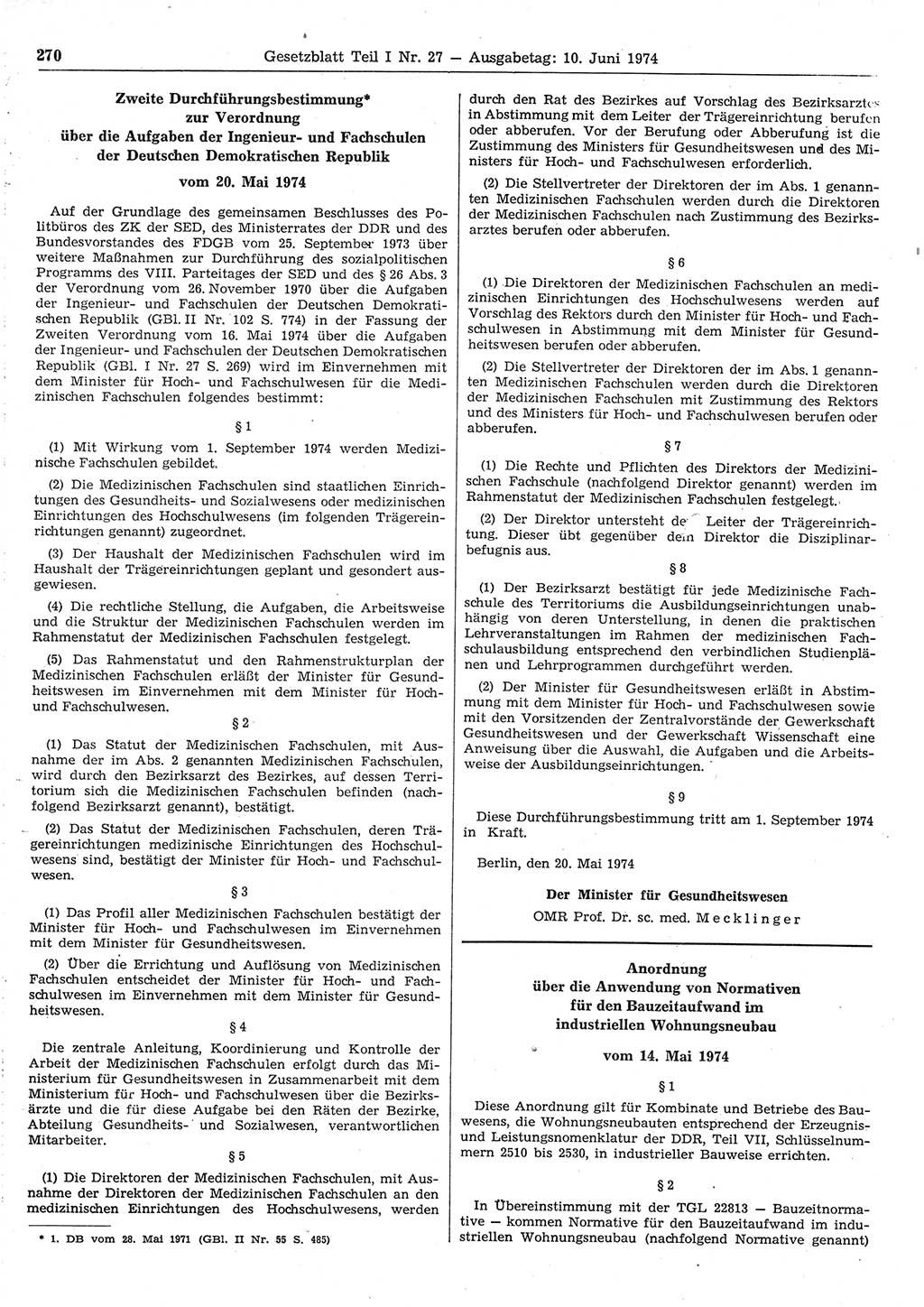 Gesetzblatt (GBl.) der Deutschen Demokratischen Republik (DDR) Teil Ⅰ 1974, Seite 270 (GBl. DDR Ⅰ 1974, S. 270)