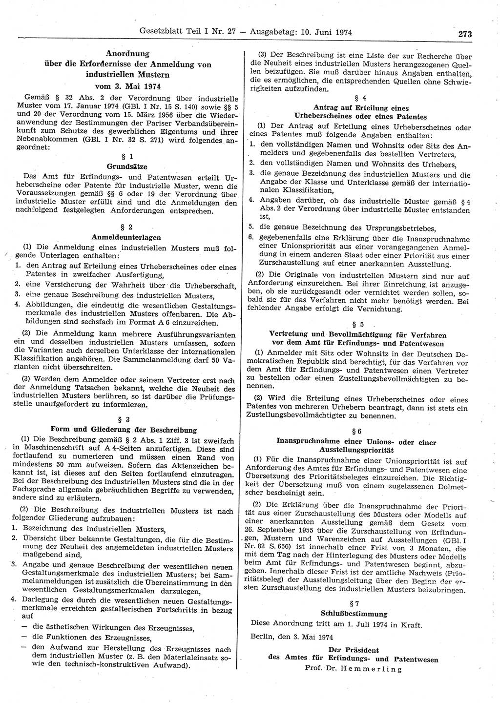 Gesetzblatt (GBl.) der Deutschen Demokratischen Republik (DDR) Teil Ⅰ 1974, Seite 273 (GBl. DDR Ⅰ 1974, S. 273)