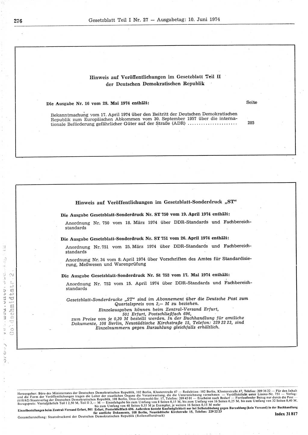 Gesetzblatt (GBl.) der Deutschen Demokratischen Republik (DDR) Teil Ⅰ 1974, Seite 276 (GBl. DDR Ⅰ 1974, S. 276)