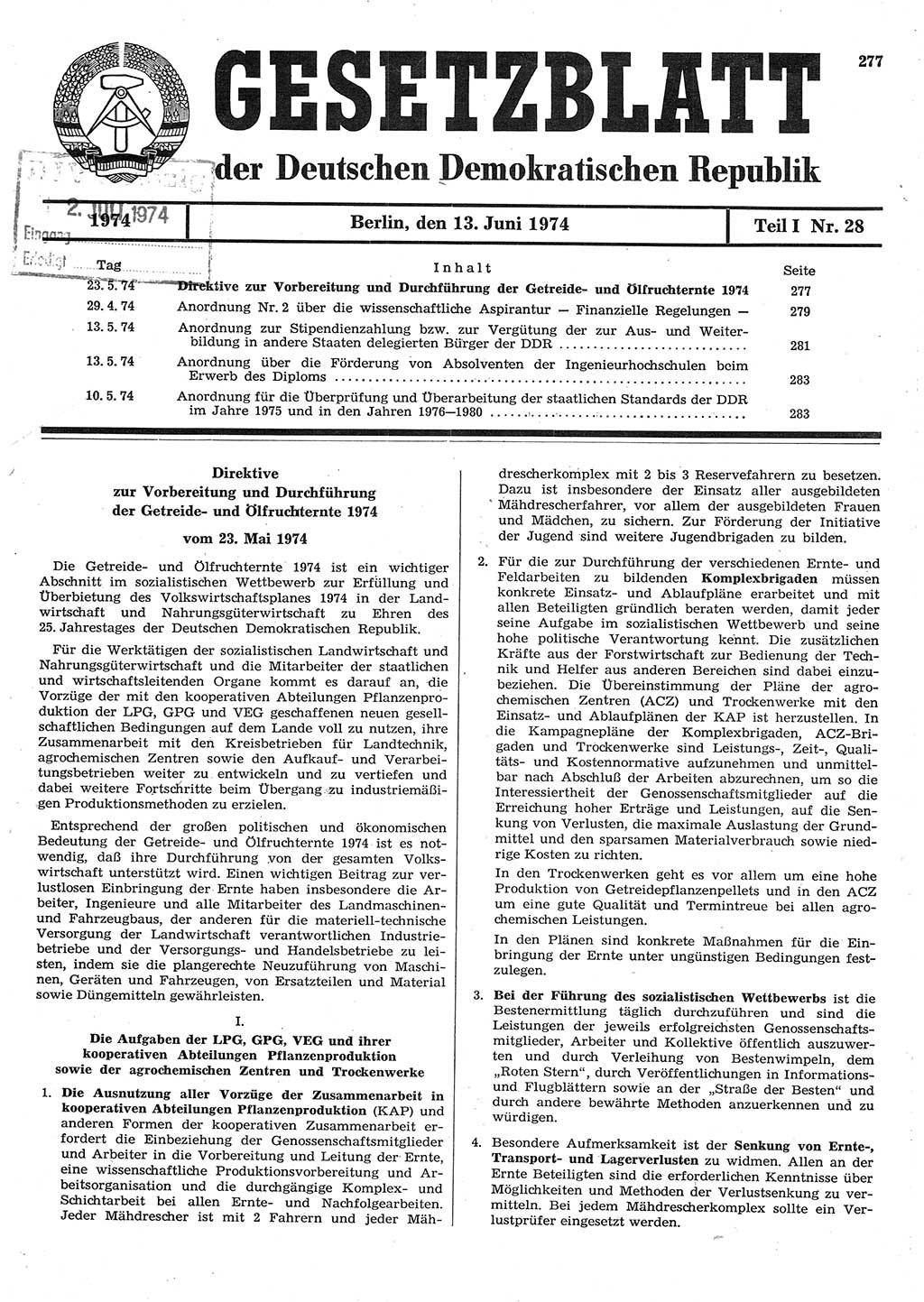 Gesetzblatt (GBl.) der Deutschen Demokratischen Republik (DDR) Teil Ⅰ 1974, Seite 277 (GBl. DDR Ⅰ 1974, S. 277)