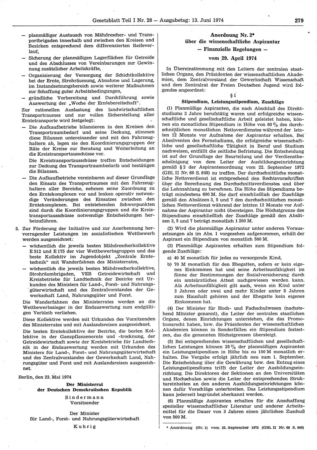 Gesetzblatt (GBl.) der Deutschen Demokratischen Republik (DDR) Teil Ⅰ 1974, Seite 279 (GBl. DDR Ⅰ 1974, S. 279)