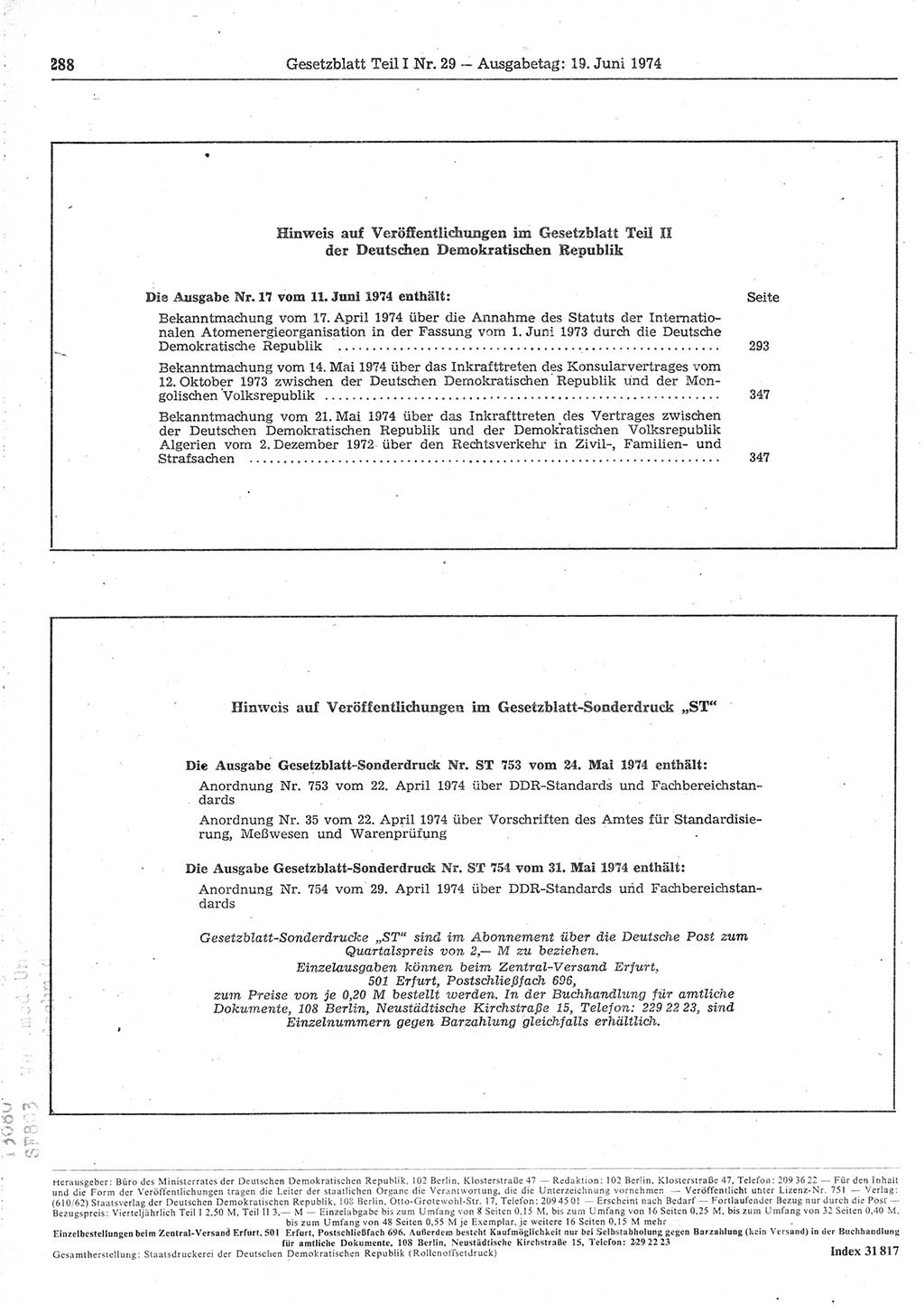 Gesetzblatt (GBl.) der Deutschen Demokratischen Republik (DDR) Teil Ⅰ 1974, Seite 288 (GBl. DDR Ⅰ 1974, S. 288)