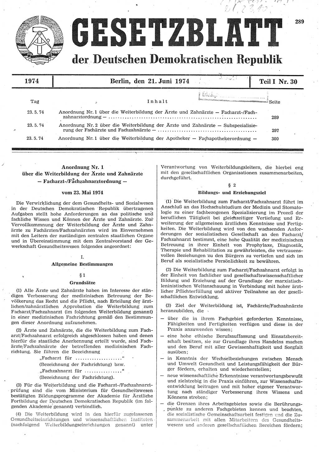 Gesetzblatt (GBl.) der Deutschen Demokratischen Republik (DDR) Teil Ⅰ 1974, Seite 289 (GBl. DDR Ⅰ 1974, S. 289)
