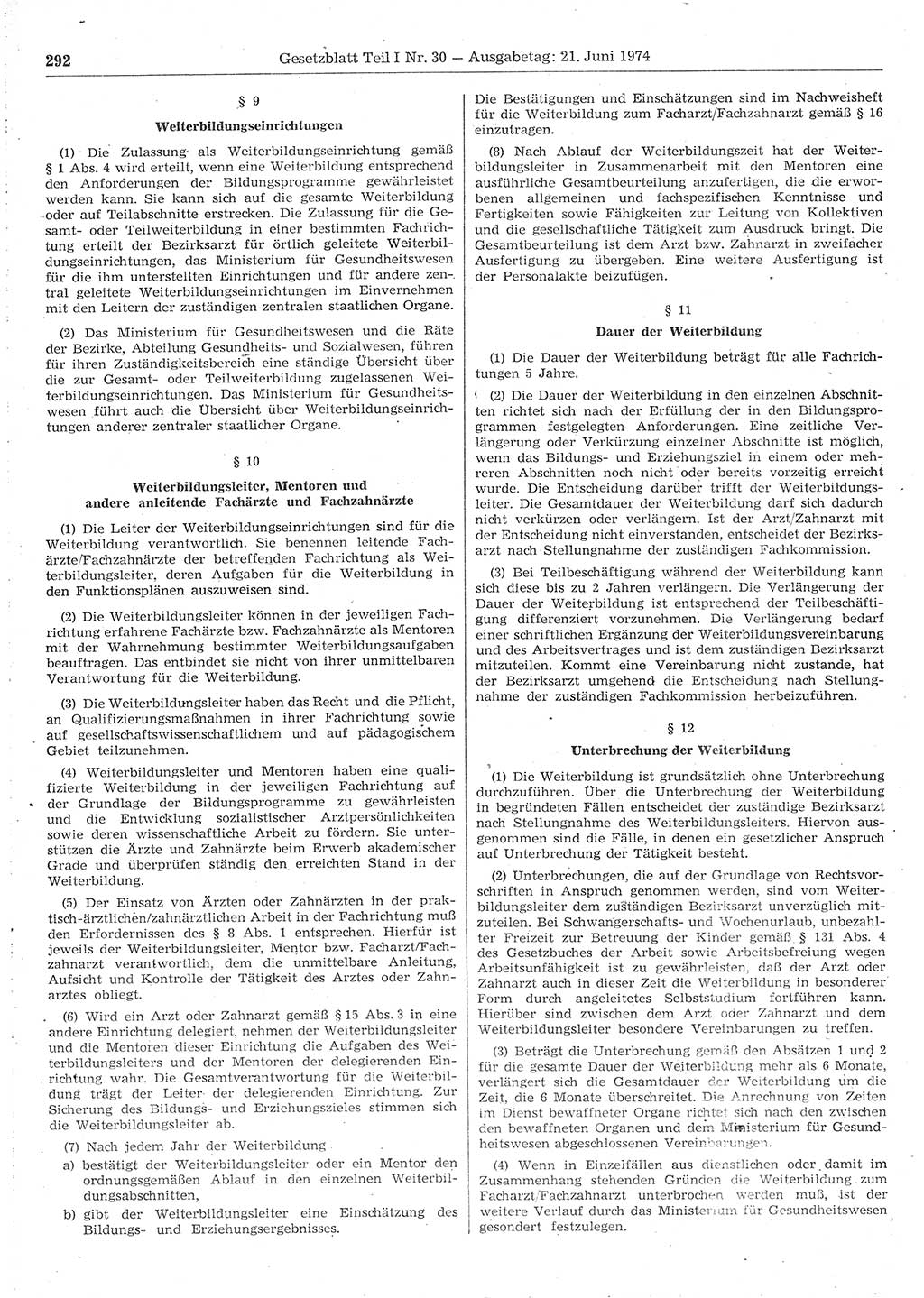 Gesetzblatt (GBl.) der Deutschen Demokratischen Republik (DDR) Teil Ⅰ 1974, Seite 292 (GBl. DDR Ⅰ 1974, S. 292)
