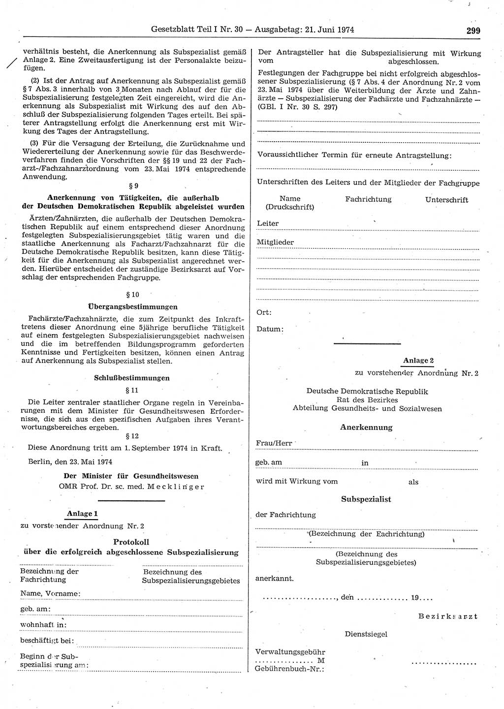 Gesetzblatt (GBl.) der Deutschen Demokratischen Republik (DDR) Teil Ⅰ 1974, Seite 299 (GBl. DDR Ⅰ 1974, S. 299)