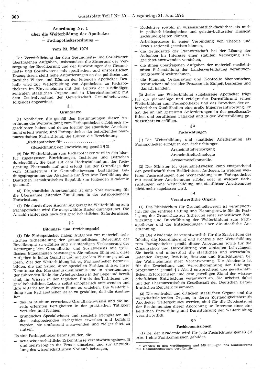 Gesetzblatt (GBl.) der Deutschen Demokratischen Republik (DDR) Teil Ⅰ 1974, Seite 300 (GBl. DDR Ⅰ 1974, S. 300)