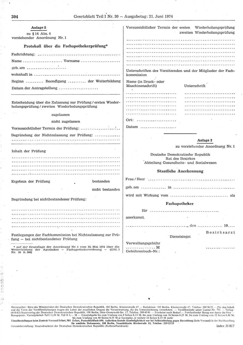 Gesetzblatt (GBl.) der Deutschen Demokratischen Republik (DDR) Teil Ⅰ 1974, Seite 304 (GBl. DDR Ⅰ 1974, S. 304)