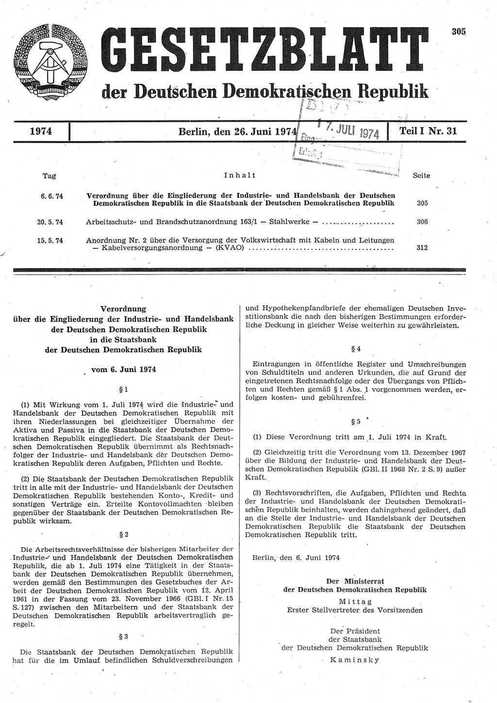Gesetzblatt (GBl.) der Deutschen Demokratischen Republik (DDR) Teil Ⅰ 1974, Seite 305 (GBl. DDR Ⅰ 1974, S. 305)