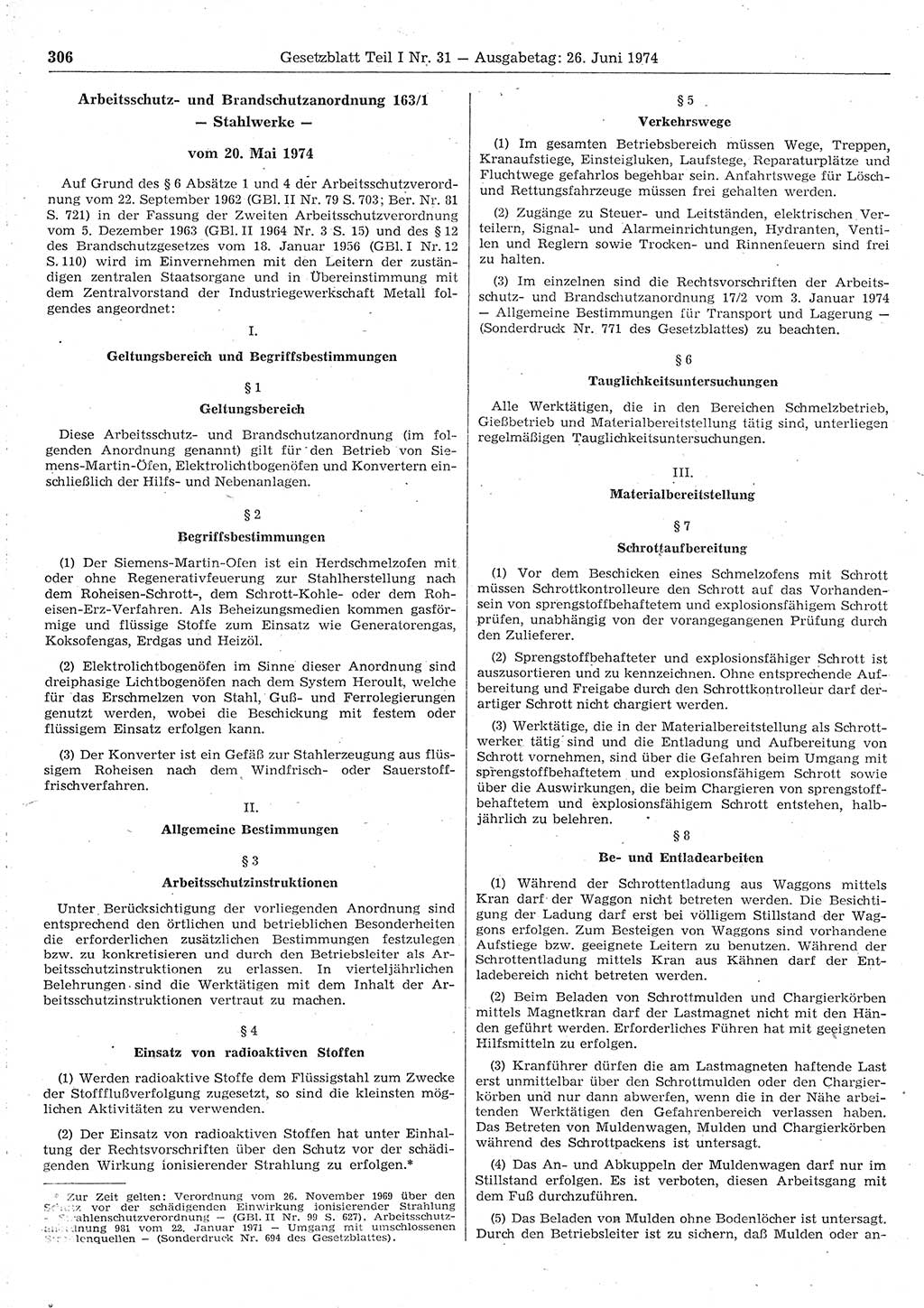 Gesetzblatt (GBl.) der Deutschen Demokratischen Republik (DDR) Teil Ⅰ 1974, Seite 306 (GBl. DDR Ⅰ 1974, S. 306)