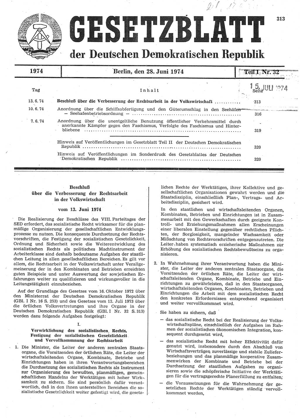 Gesetzblatt (GBl.) der Deutschen Demokratischen Republik (DDR) Teil Ⅰ 1974, Seite 313 (GBl. DDR Ⅰ 1974, S. 313)