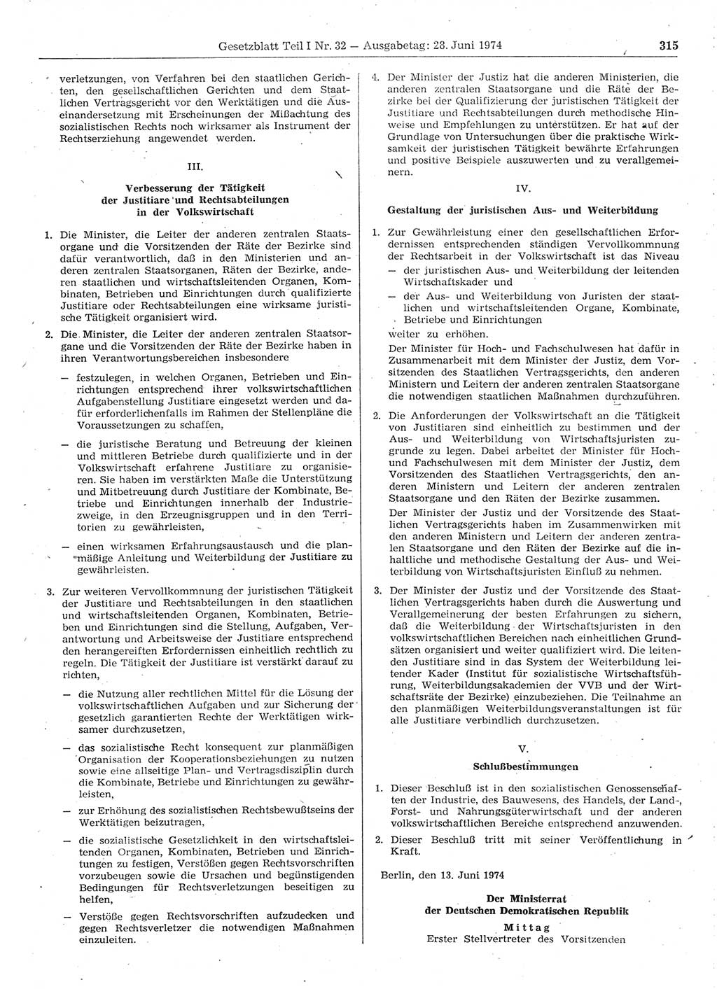 Gesetzblatt (GBl.) der Deutschen Demokratischen Republik (DDR) Teil Ⅰ 1974, Seite 315 (GBl. DDR Ⅰ 1974, S. 315)