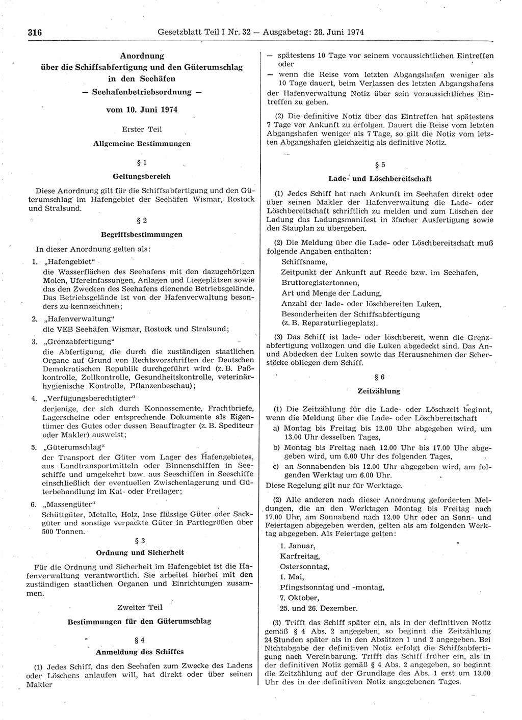 Gesetzblatt (GBl.) der Deutschen Demokratischen Republik (DDR) Teil Ⅰ 1974, Seite 316 (GBl. DDR Ⅰ 1974, S. 316)