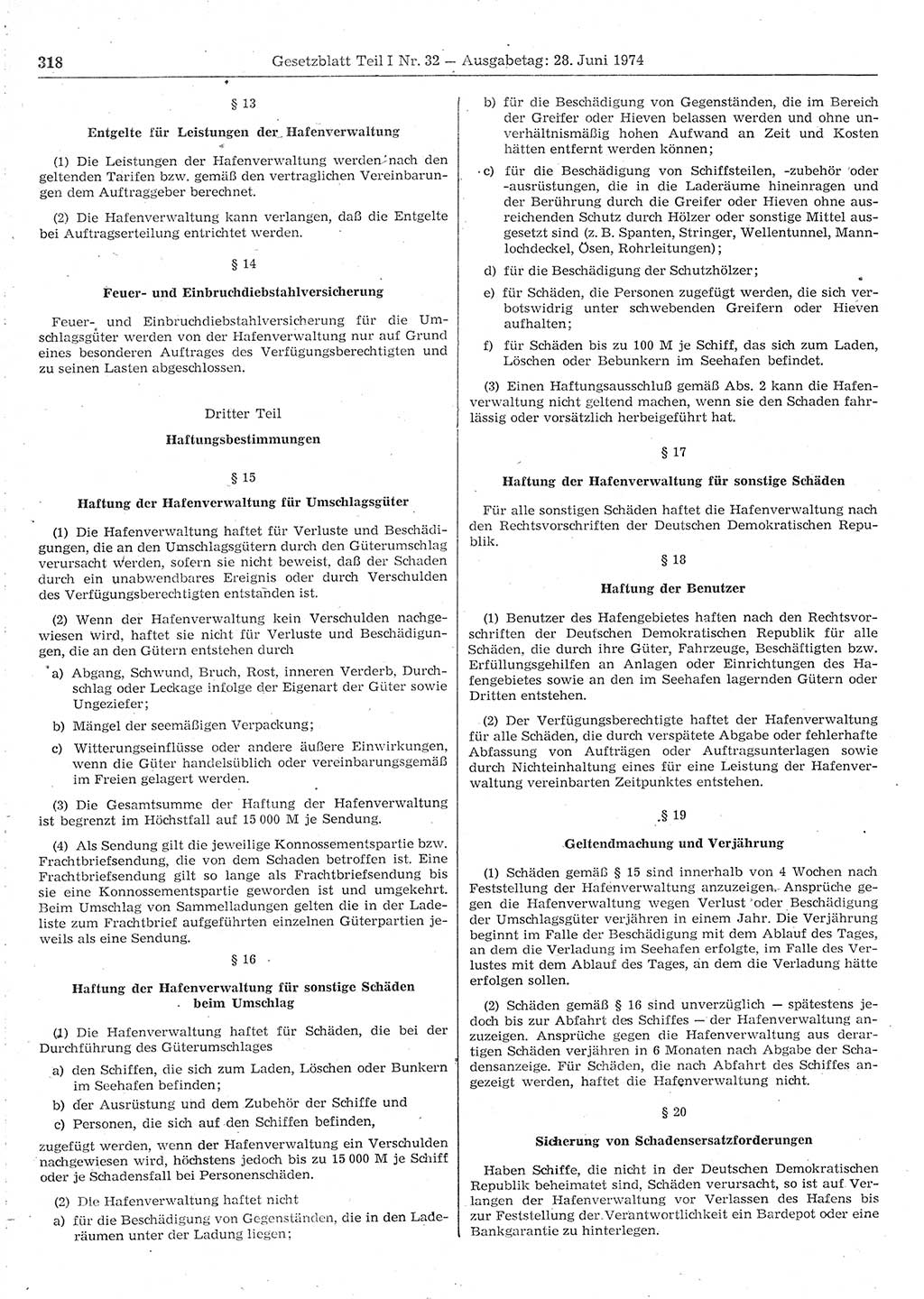 Gesetzblatt (GBl.) der Deutschen Demokratischen Republik (DDR) Teil Ⅰ 1974, Seite 318 (GBl. DDR Ⅰ 1974, S. 318)