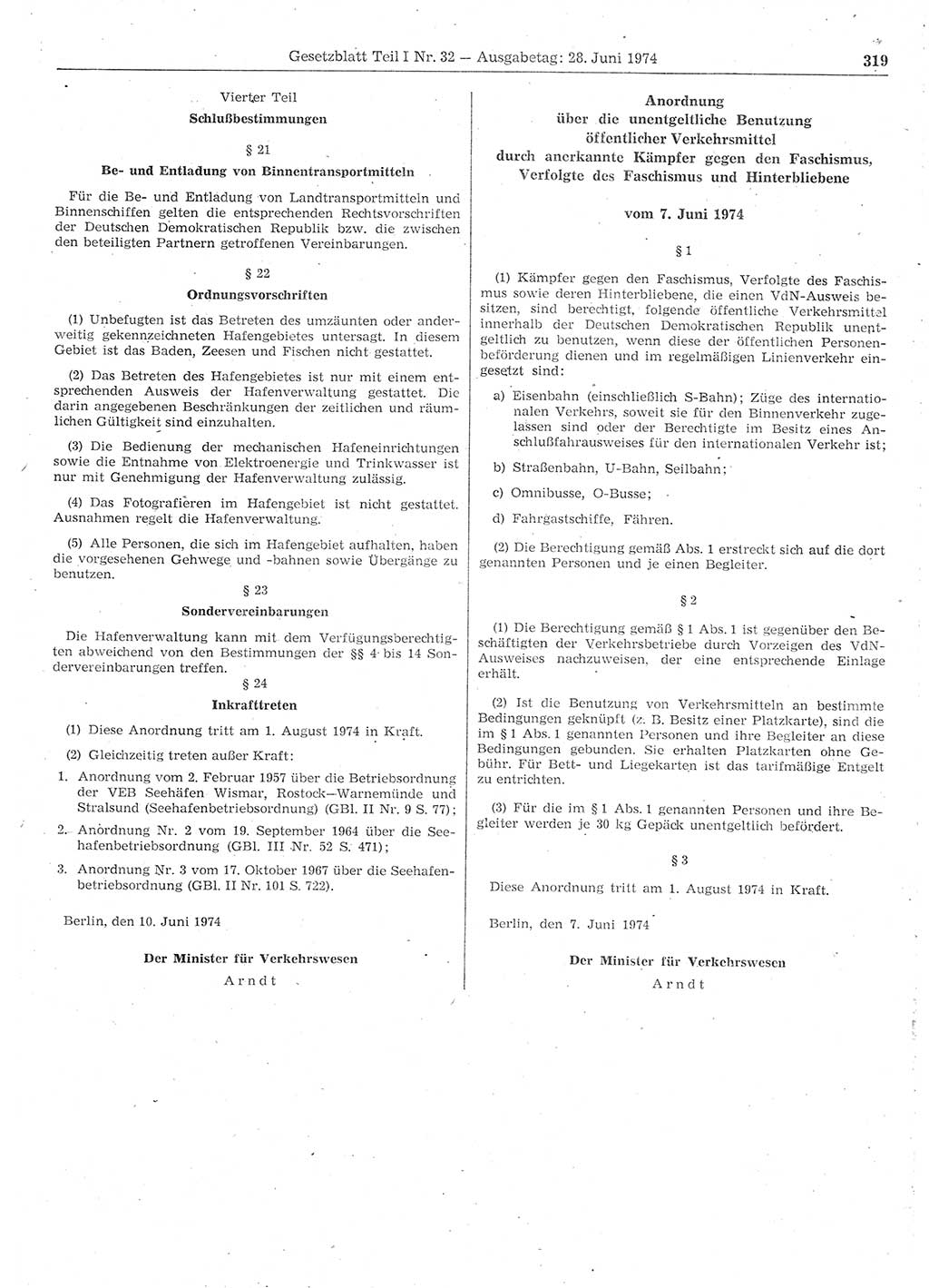 Gesetzblatt (GBl.) der Deutschen Demokratischen Republik (DDR) Teil Ⅰ 1974, Seite 319 (GBl. DDR Ⅰ 1974, S. 319)