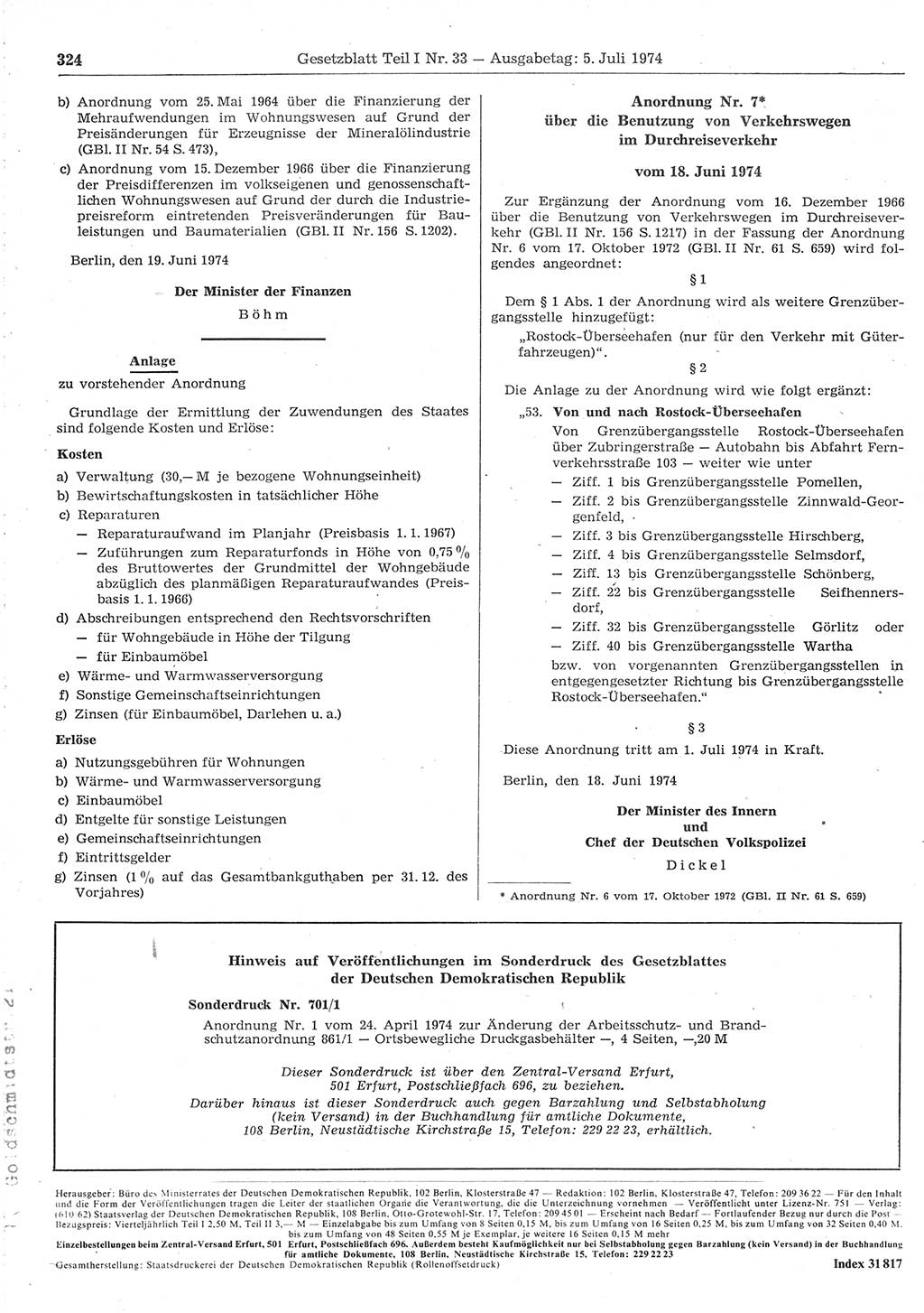 Gesetzblatt (GBl.) der Deutschen Demokratischen Republik (DDR) Teil Ⅰ 1974, Seite 324 (GBl. DDR Ⅰ 1974, S. 324)