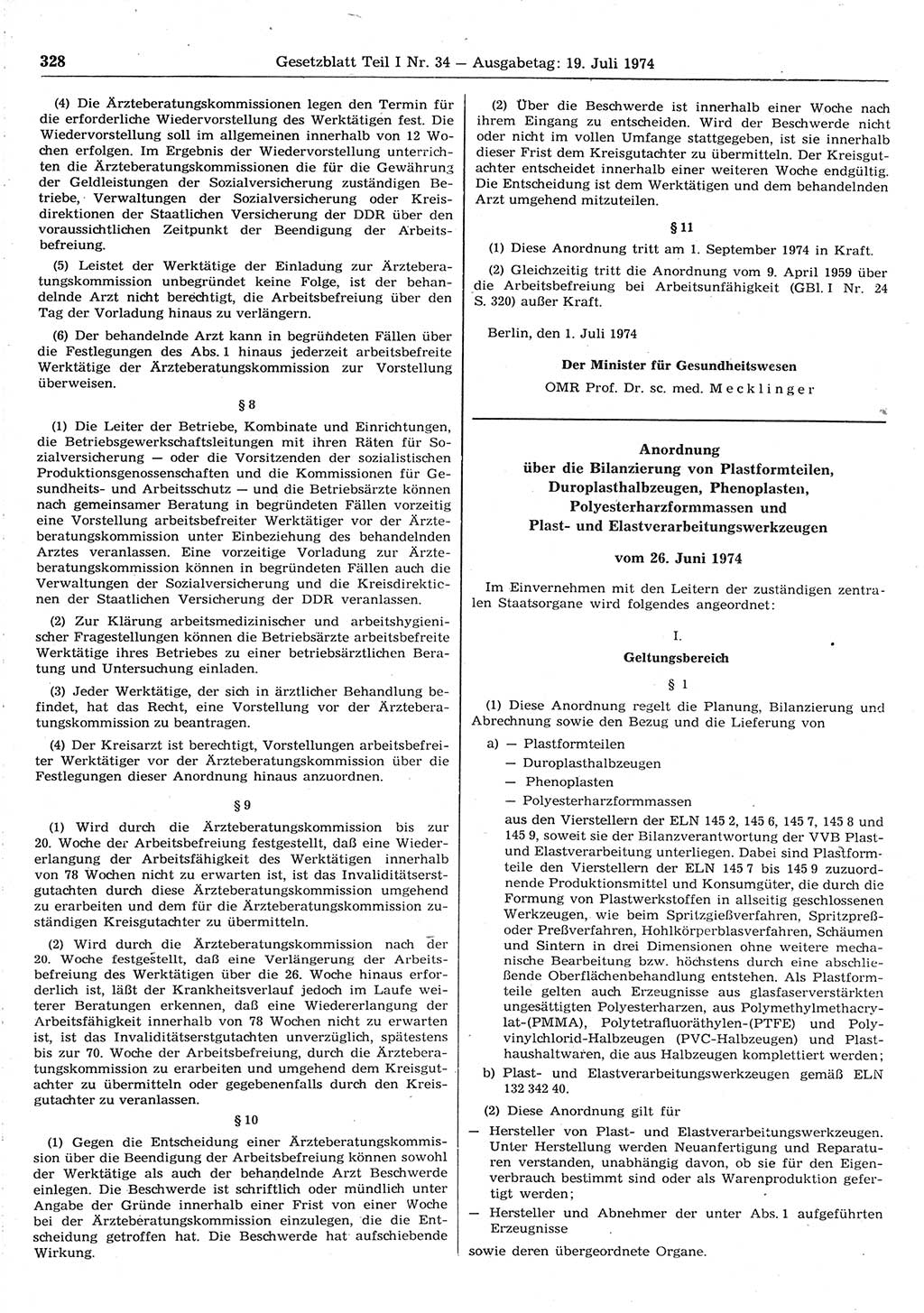 Gesetzblatt (GBl.) der Deutschen Demokratischen Republik (DDR) Teil Ⅰ 1974, Seite 328 (GBl. DDR Ⅰ 1974, S. 328)
