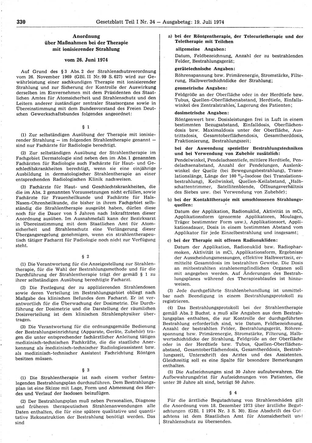 Gesetzblatt (GBl.) der Deutschen Demokratischen Republik (DDR) Teil Ⅰ 1974, Seite 330 (GBl. DDR Ⅰ 1974, S. 330)