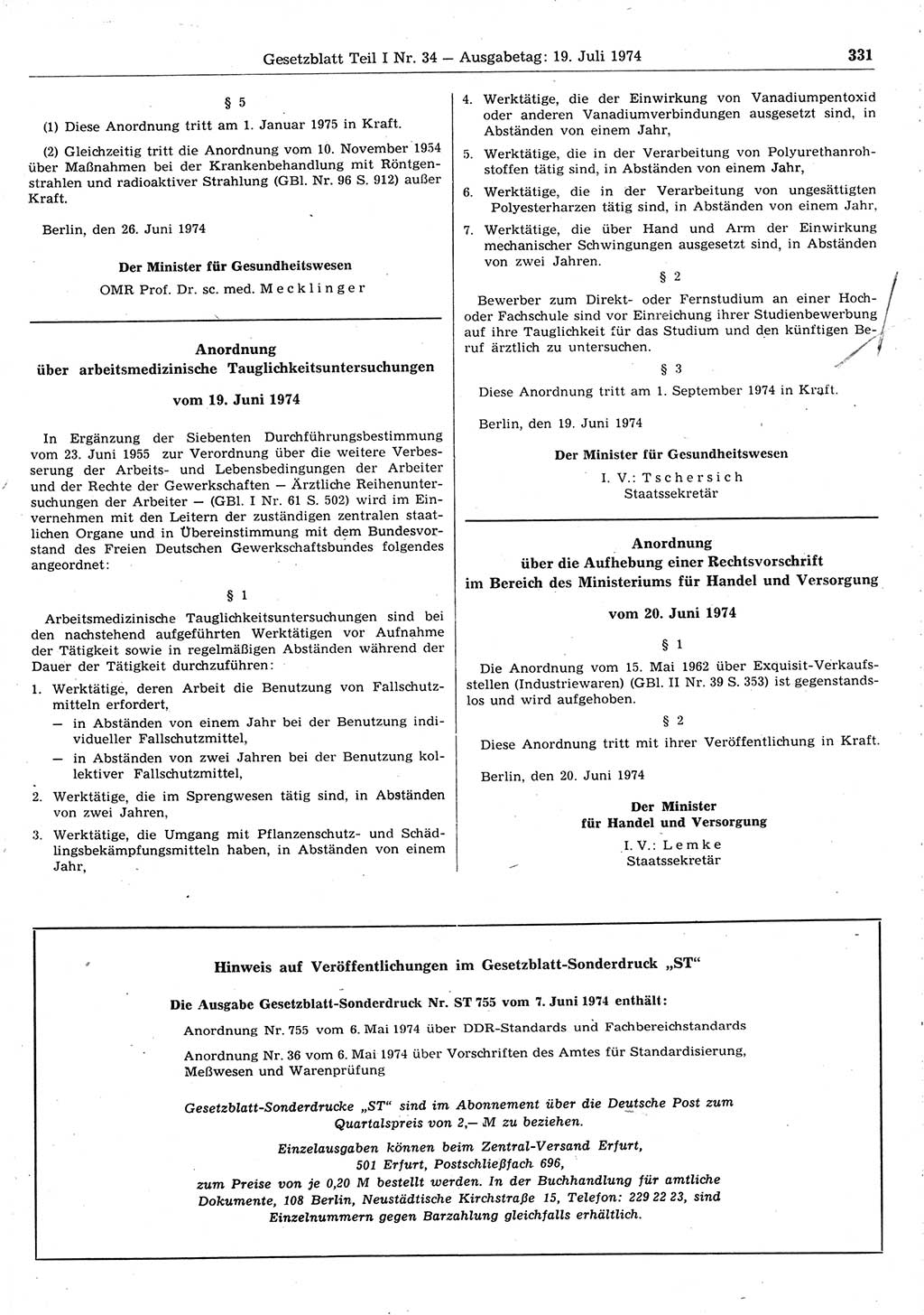 Gesetzblatt (GBl.) der Deutschen Demokratischen Republik (DDR) Teil Ⅰ 1974, Seite 331 (GBl. DDR Ⅰ 1974, S. 331)