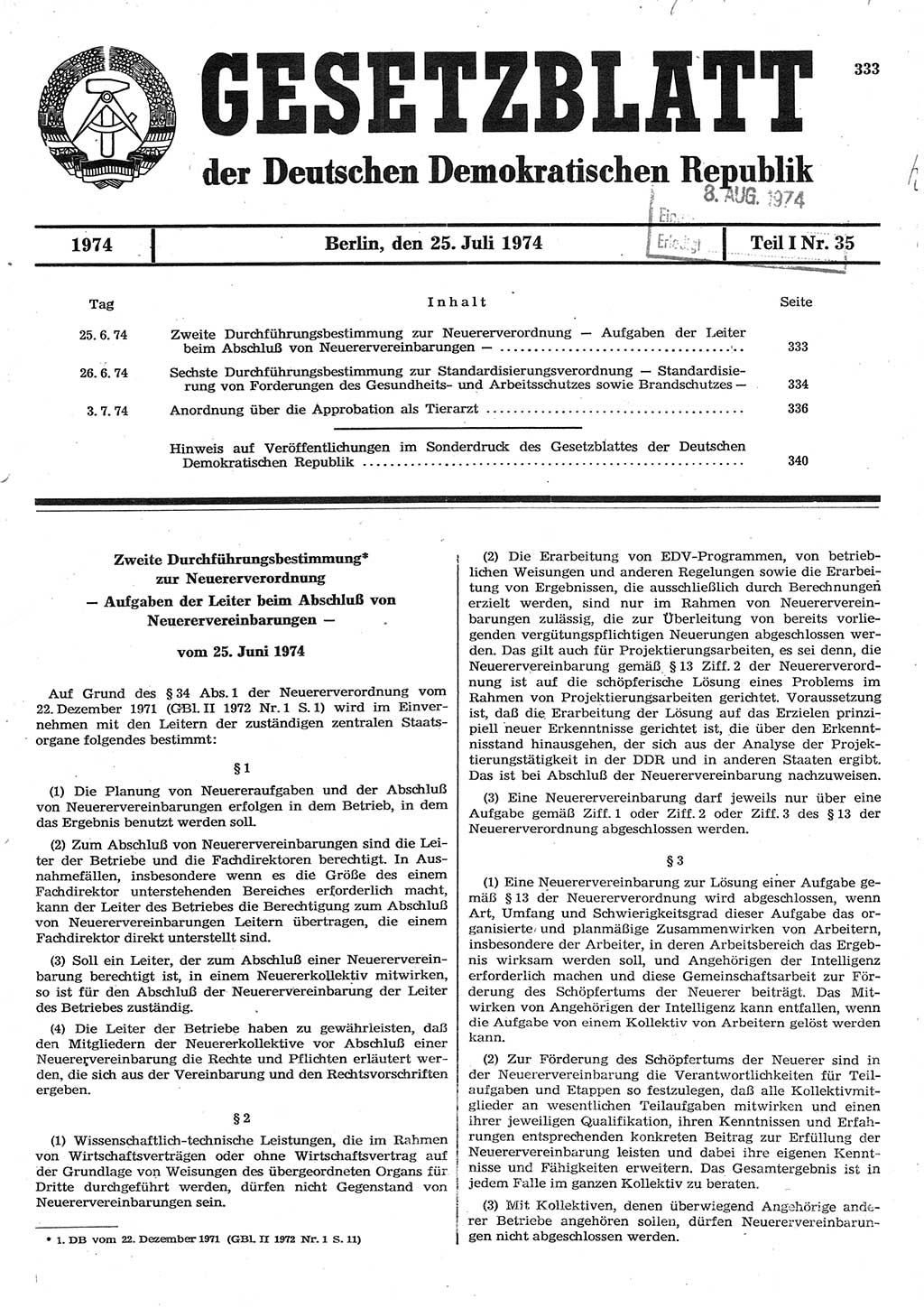 Gesetzblatt (GBl.) der Deutschen Demokratischen Republik (DDR) Teil Ⅰ 1974, Seite 333 (GBl. DDR Ⅰ 1974, S. 333)