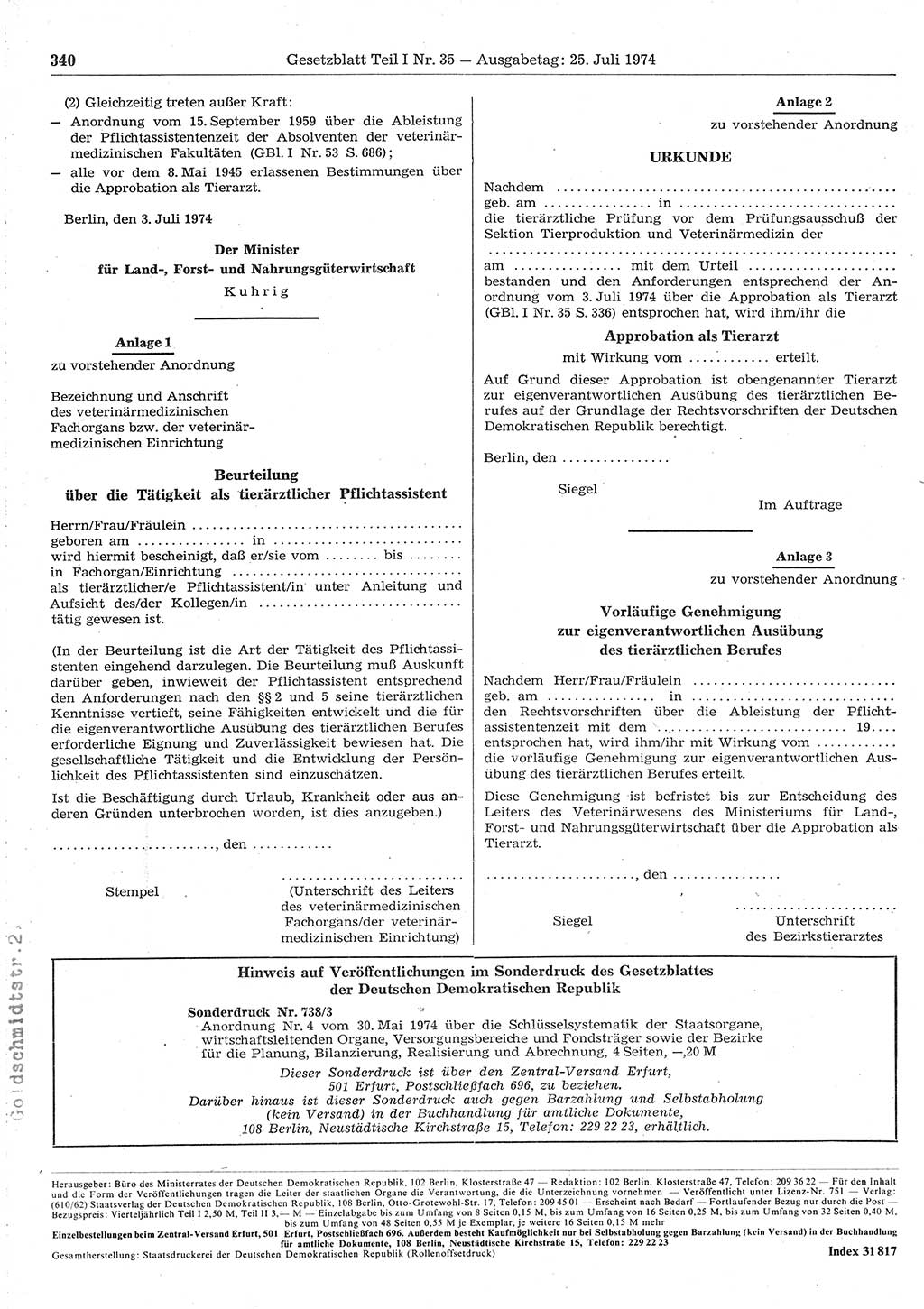 Gesetzblatt (GBl.) der Deutschen Demokratischen Republik (DDR) Teil Ⅰ 1974, Seite 340 (GBl. DDR Ⅰ 1974, S. 340)