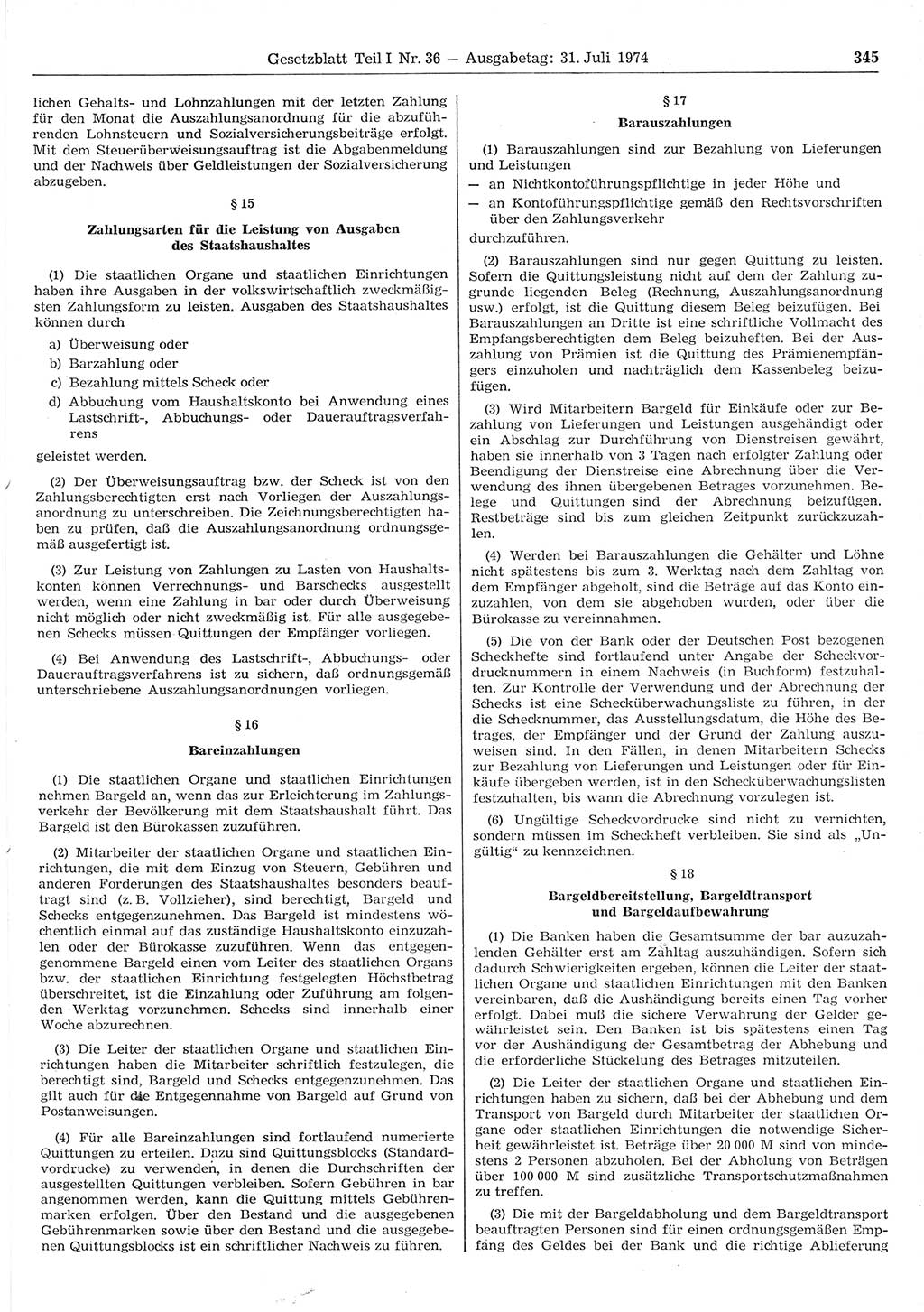 Gesetzblatt (GBl.) der Deutschen Demokratischen Republik (DDR) Teil Ⅰ 1974, Seite 345 (GBl. DDR Ⅰ 1974, S. 345)