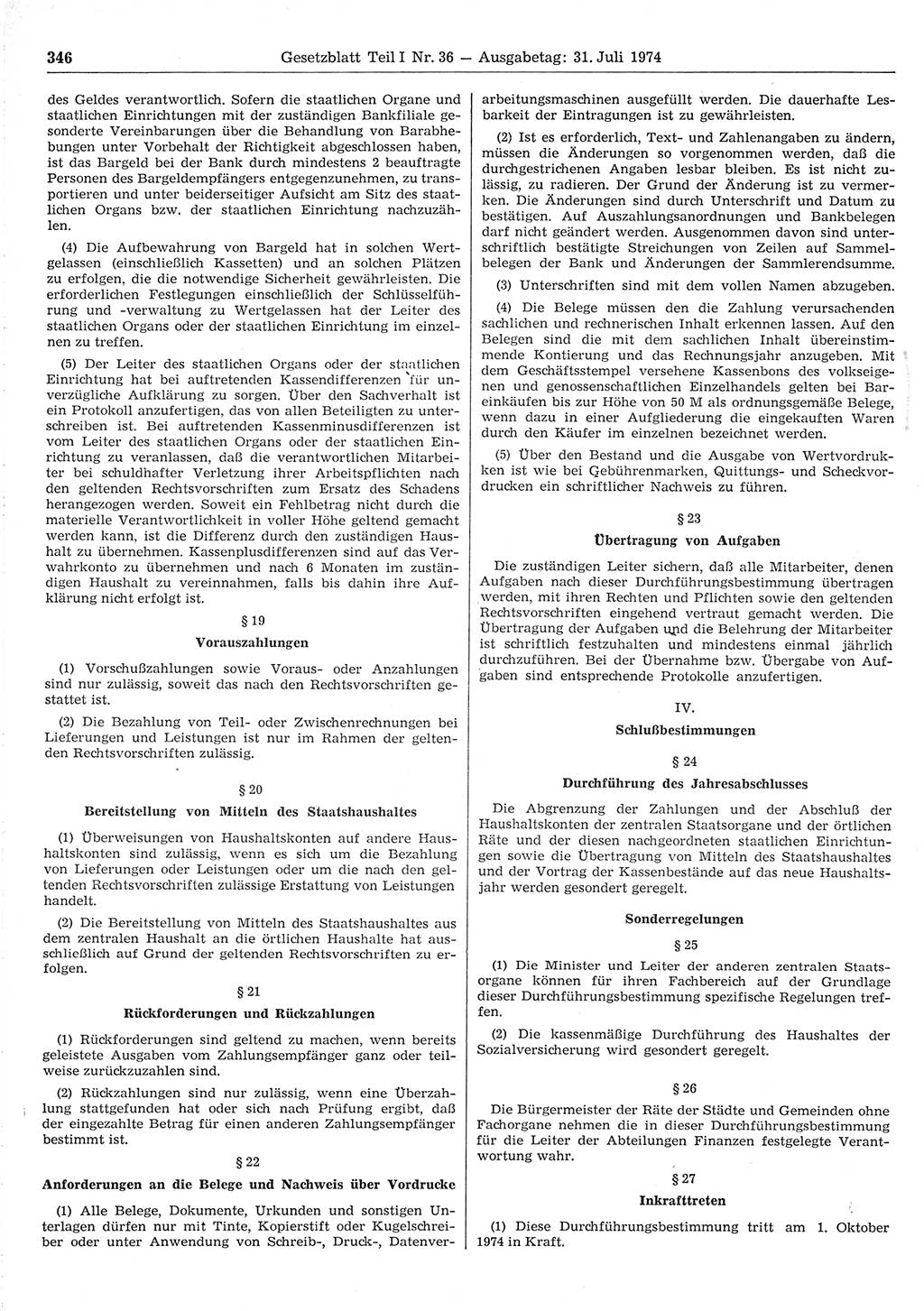 Gesetzblatt (GBl.) der Deutschen Demokratischen Republik (DDR) Teil Ⅰ 1974, Seite 346 (GBl. DDR Ⅰ 1974, S. 346)