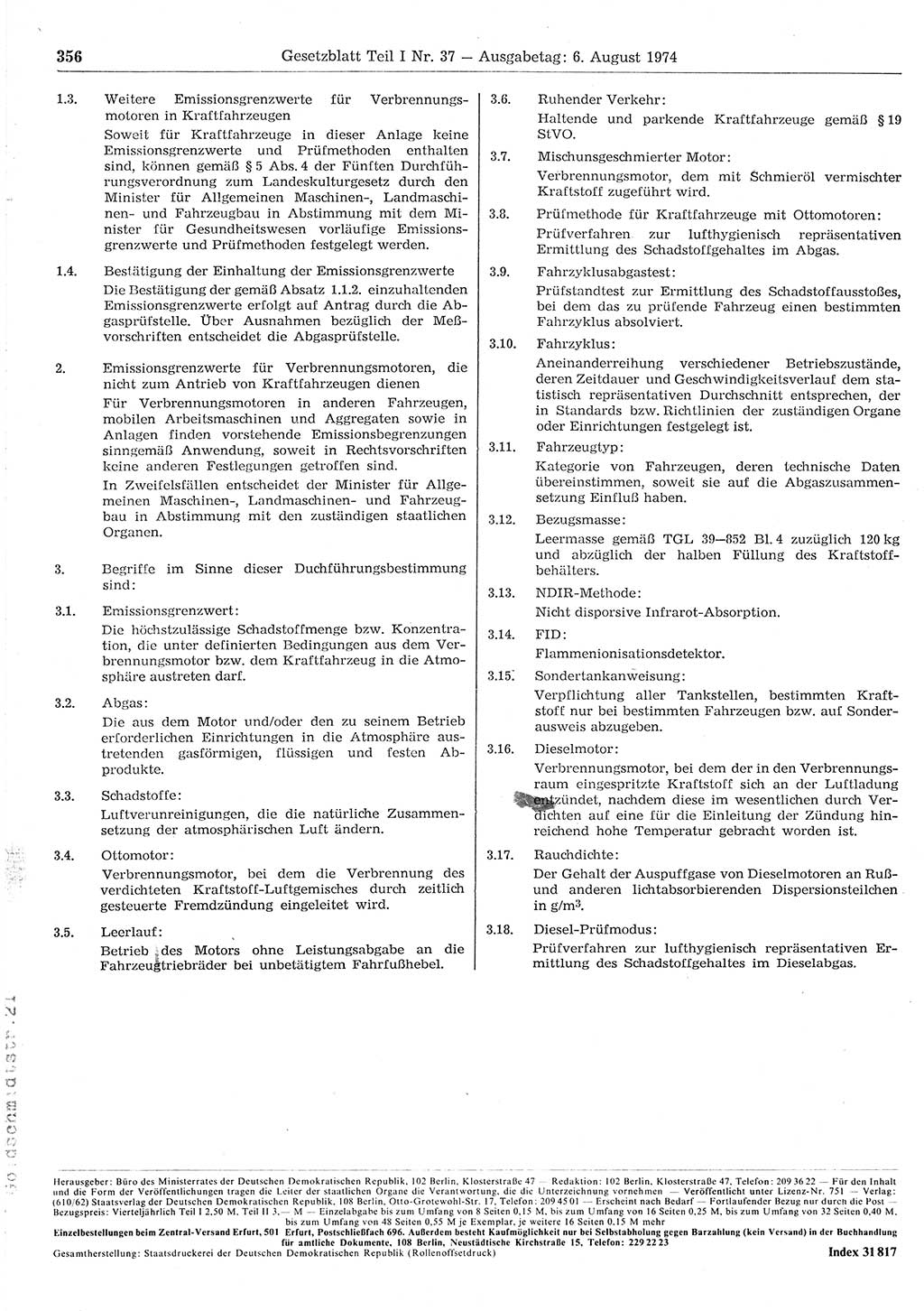 Gesetzblatt (GBl.) der Deutschen Demokratischen Republik (DDR) Teil Ⅰ 1974, Seite 356 (GBl. DDR Ⅰ 1974, S. 356)