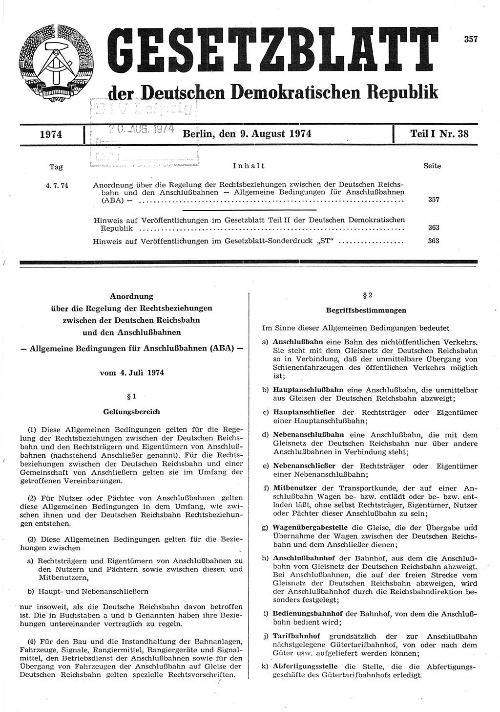Gesetzblatt (GBl.) der Deutschen Demokratischen Republik (DDR) Teil Ⅰ 1974, Seite 357 (GBl. DDR Ⅰ 1974, S. 357)