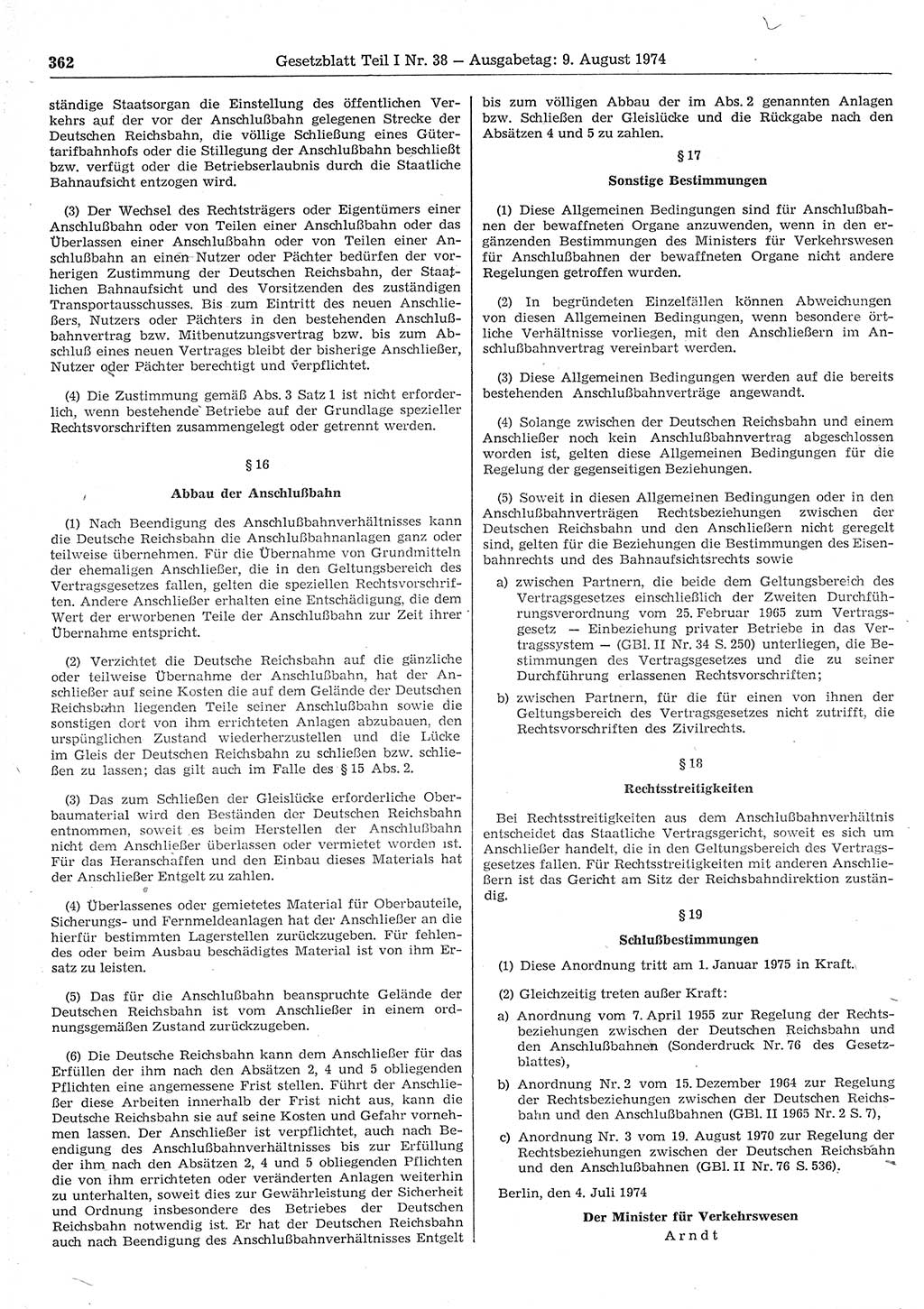 Gesetzblatt (GBl.) der Deutschen Demokratischen Republik (DDR) Teil Ⅰ 1974, Seite 362 (GBl. DDR Ⅰ 1974, S. 362)