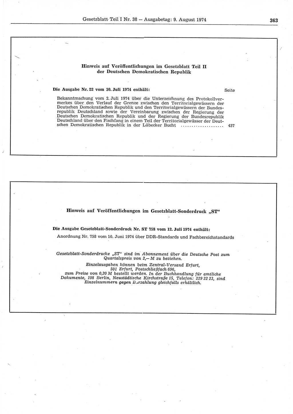 Gesetzblatt (GBl.) der Deutschen Demokratischen Republik (DDR) Teil Ⅰ 1974, Seite 363 (GBl. DDR Ⅰ 1974, S. 363)
