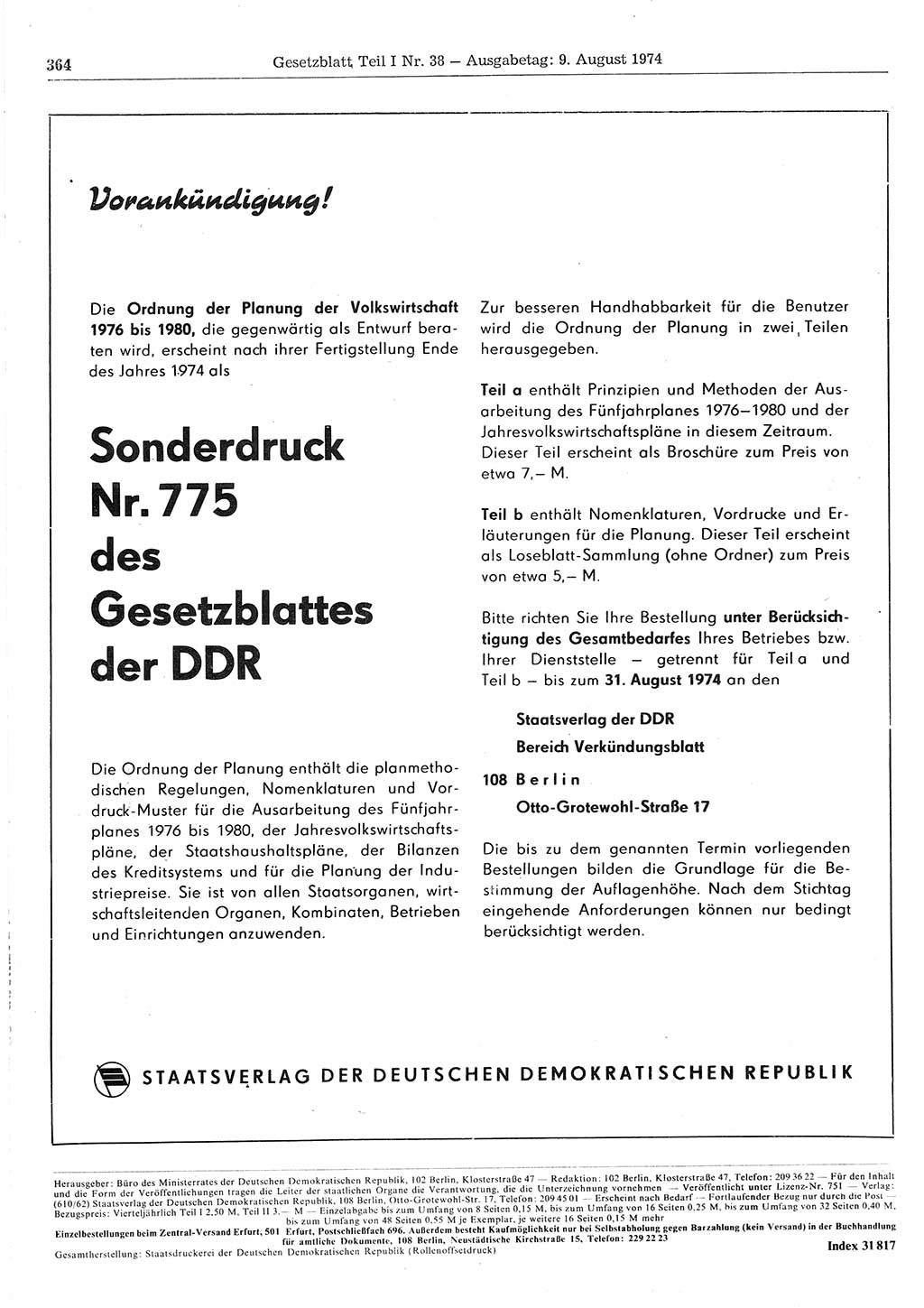 Gesetzblatt (GBl.) der Deutschen Demokratischen Republik (DDR) Teil Ⅰ 1974, Seite 364 (GBl. DDR Ⅰ 1974, S. 364)