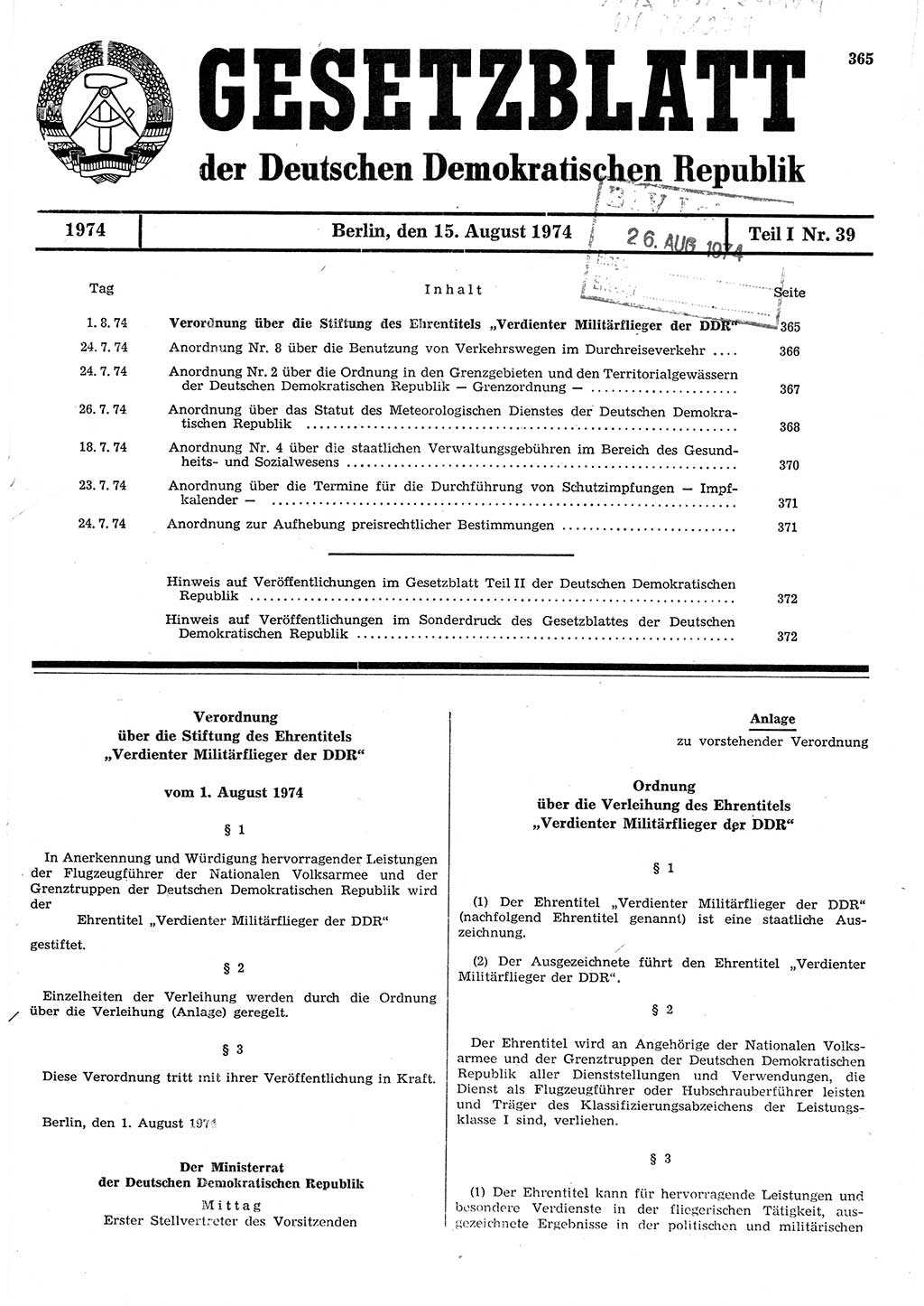 Gesetzblatt (GBl.) der Deutschen Demokratischen Republik (DDR) Teil Ⅰ 1974, Seite 365 (GBl. DDR Ⅰ 1974, S. 365)