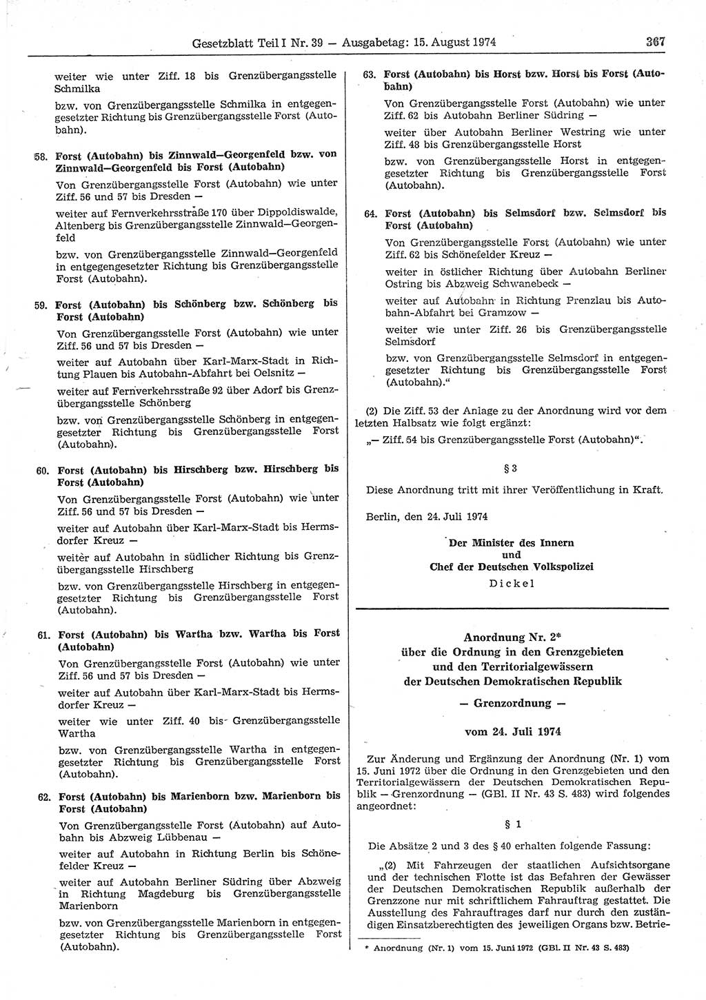 Gesetzblatt (GBl.) der Deutschen Demokratischen Republik (DDR) Teil Ⅰ 1974, Seite 367 (GBl. DDR Ⅰ 1974, S. 367)