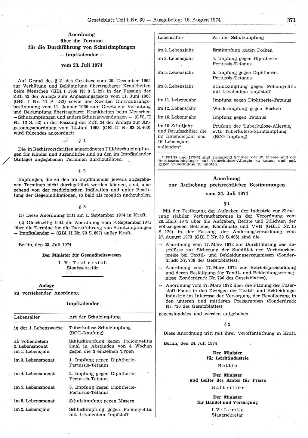 Gesetzblatt (GBl.) der Deutschen Demokratischen Republik (DDR) Teil Ⅰ 1974, Seite 371 (GBl. DDR Ⅰ 1974, S. 371)