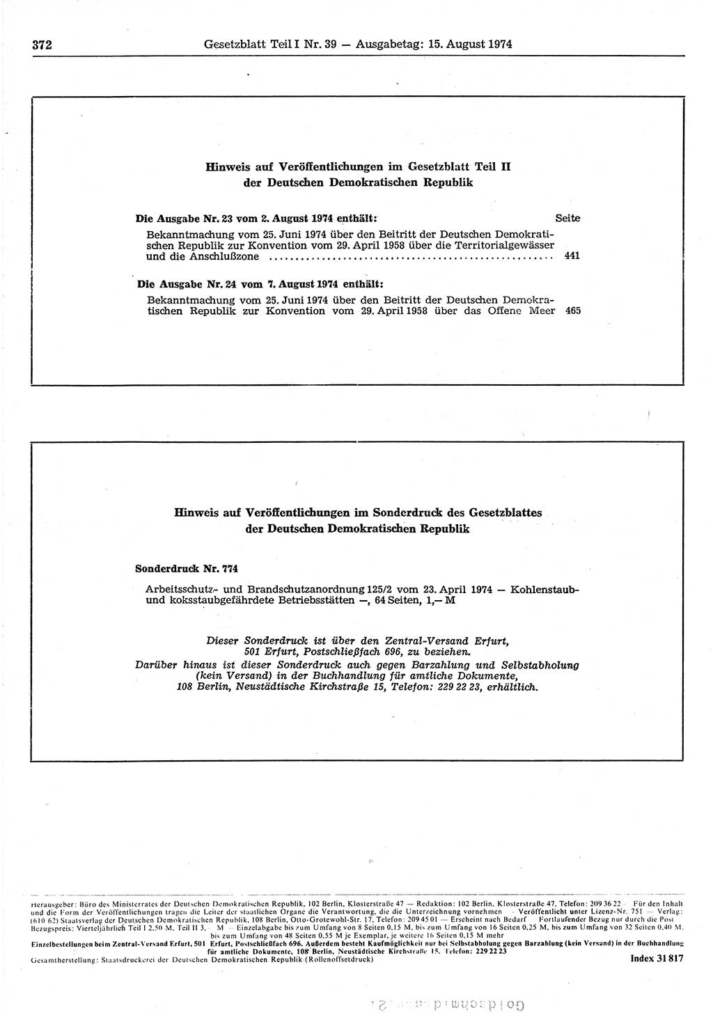 Gesetzblatt (GBl.) der Deutschen Demokratischen Republik (DDR) Teil Ⅰ 1974, Seite 372 (GBl. DDR Ⅰ 1974, S. 372)