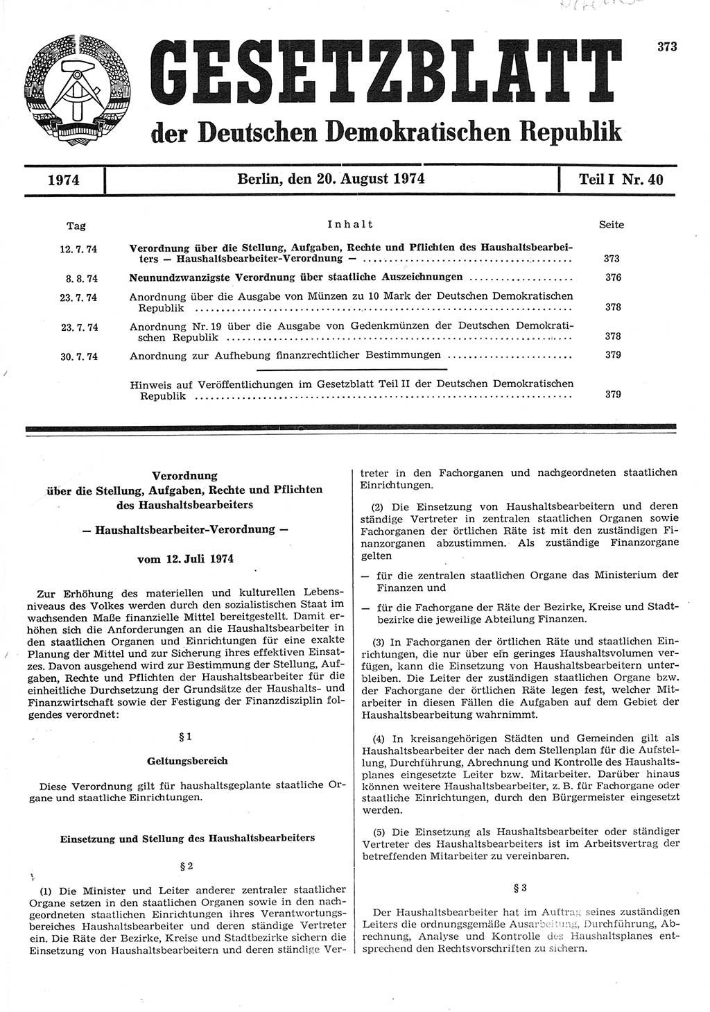 Gesetzblatt (GBl.) der Deutschen Demokratischen Republik (DDR) Teil Ⅰ 1974, Seite 373 (GBl. DDR Ⅰ 1974, S. 373)