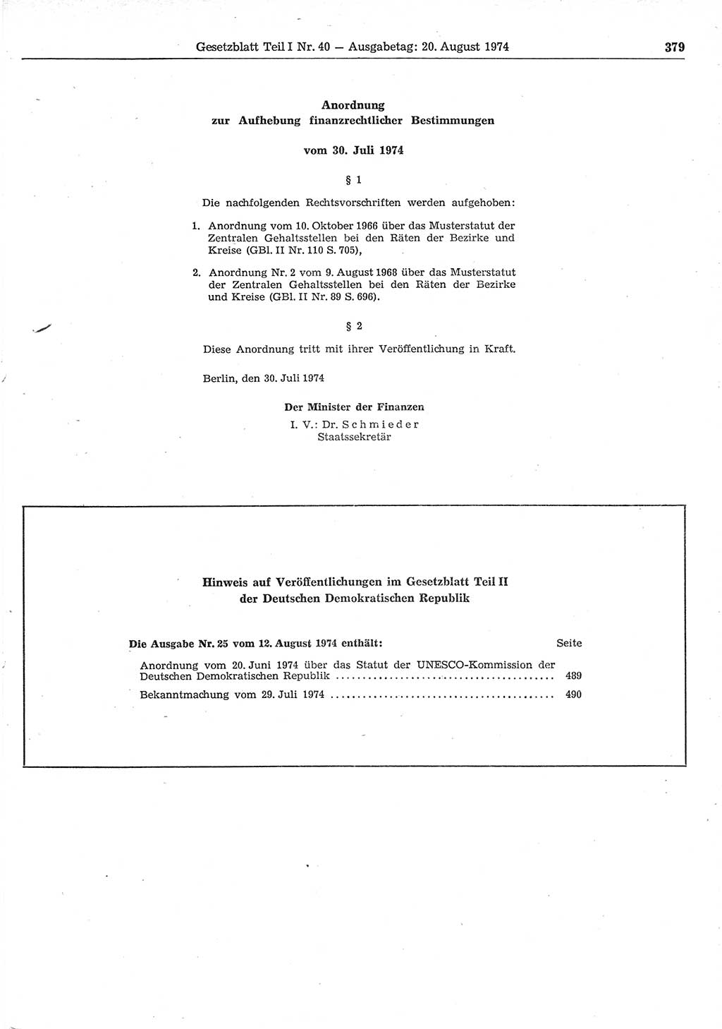 Gesetzblatt (GBl.) der Deutschen Demokratischen Republik (DDR) Teil Ⅰ 1974, Seite 379 (GBl. DDR Ⅰ 1974, S. 379)